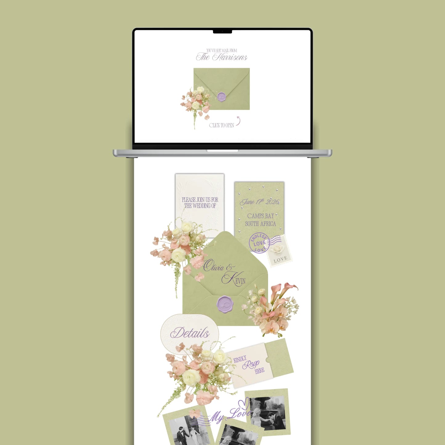 Sage green wedding website template Canva preview