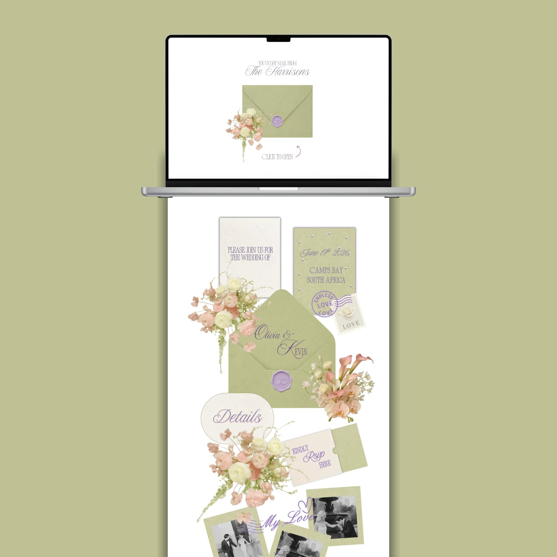 Sage green wedding website template Canva preview