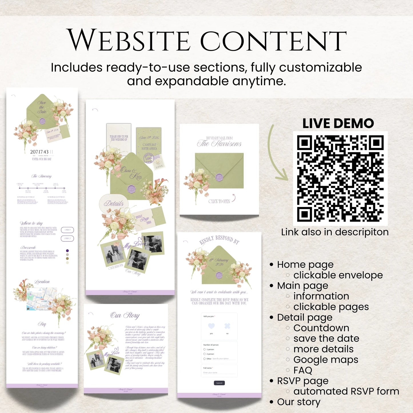 Sage green wedding website details section