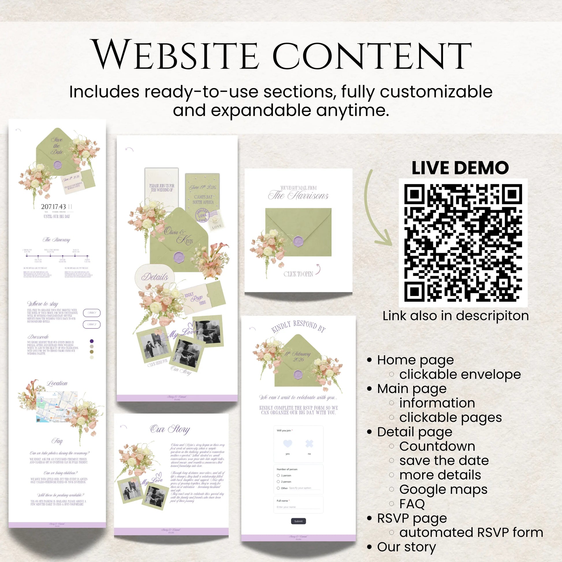 Sage green wedding website details section
