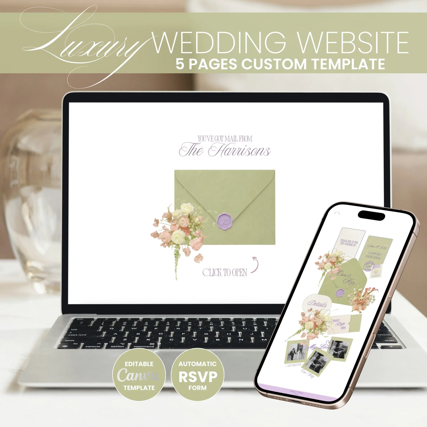 Sage green wedding website mobile view