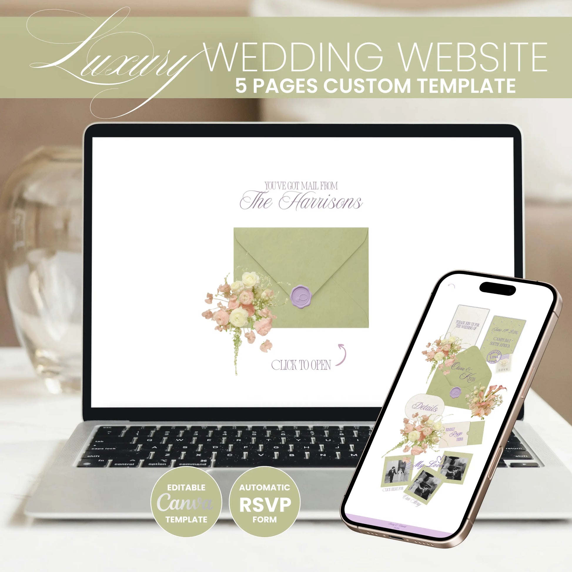 Sage green wedding website mobile view