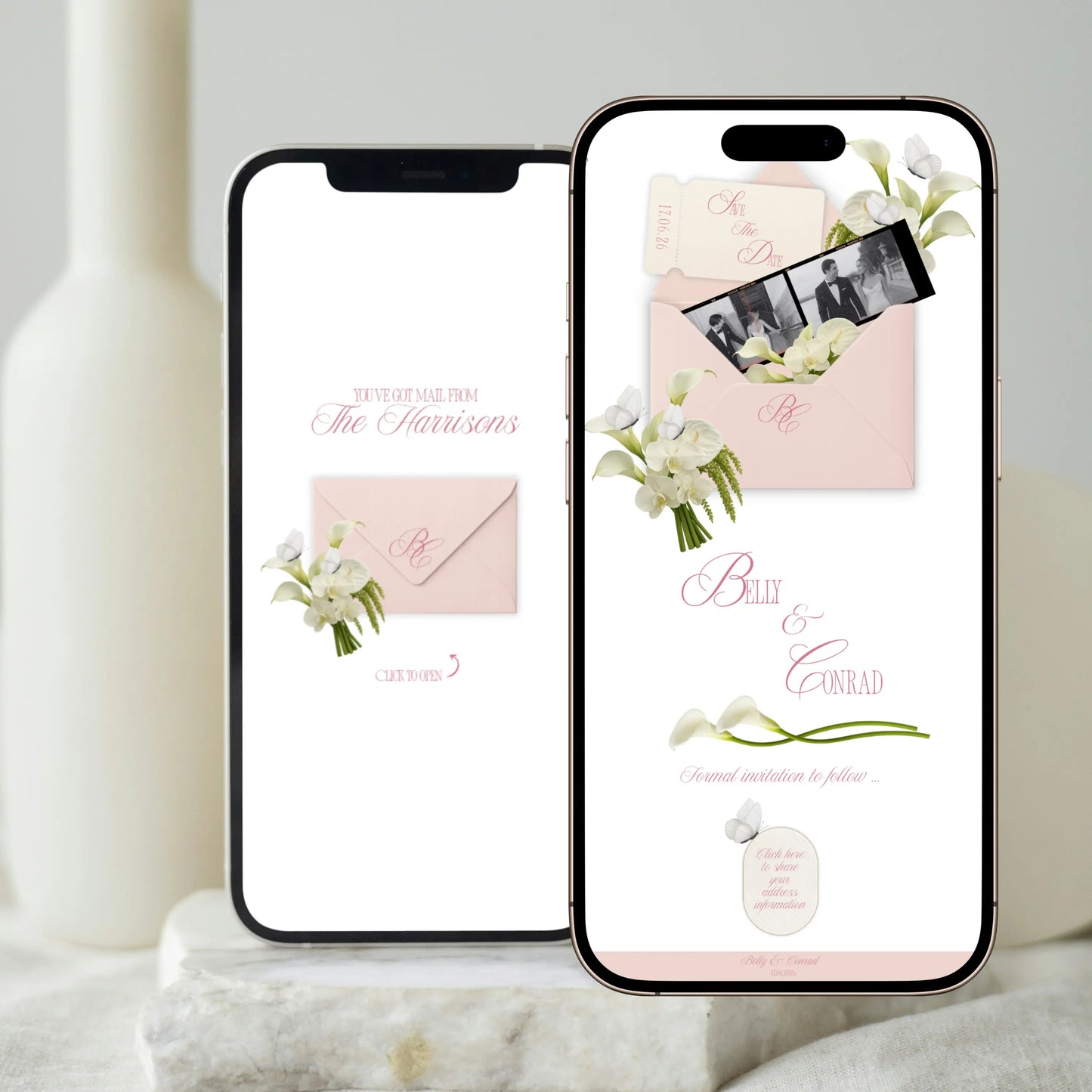 Animated envelope save the date wedding website mobile preview