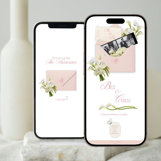 Animated envelope save the date wedding website mobile preview