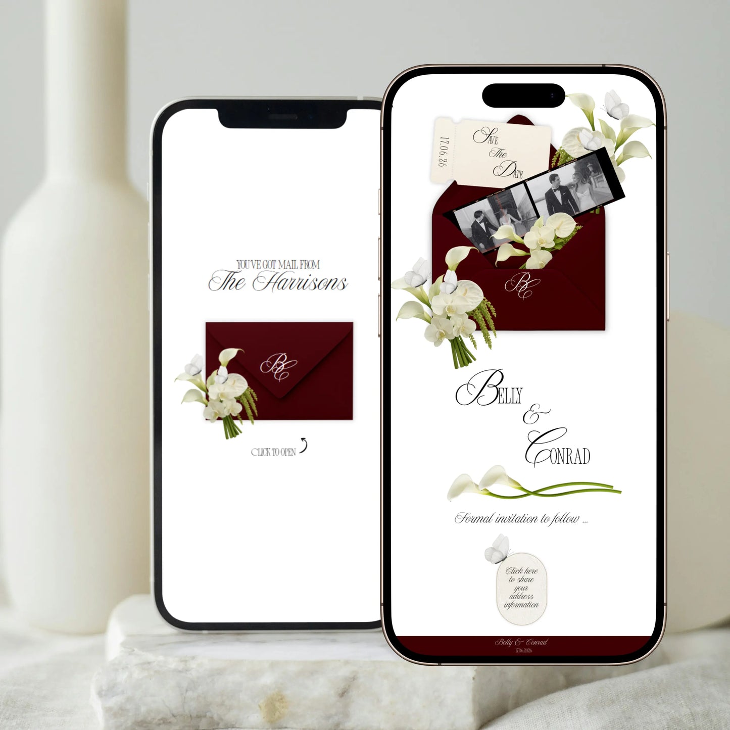 Animated save the date wedding website shown on mobile