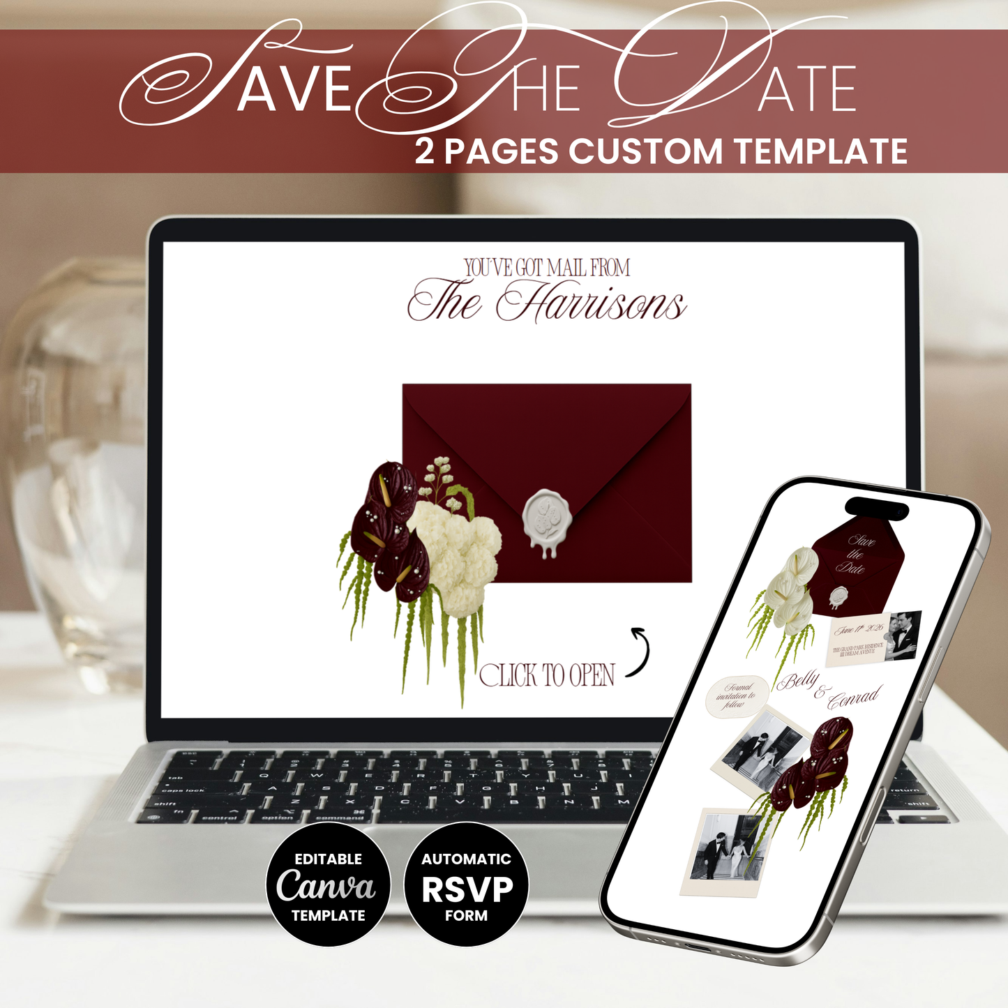 Save the date 2-page custom Canva template in burgundy displayed on laptop and smartphone with dark floral elements.