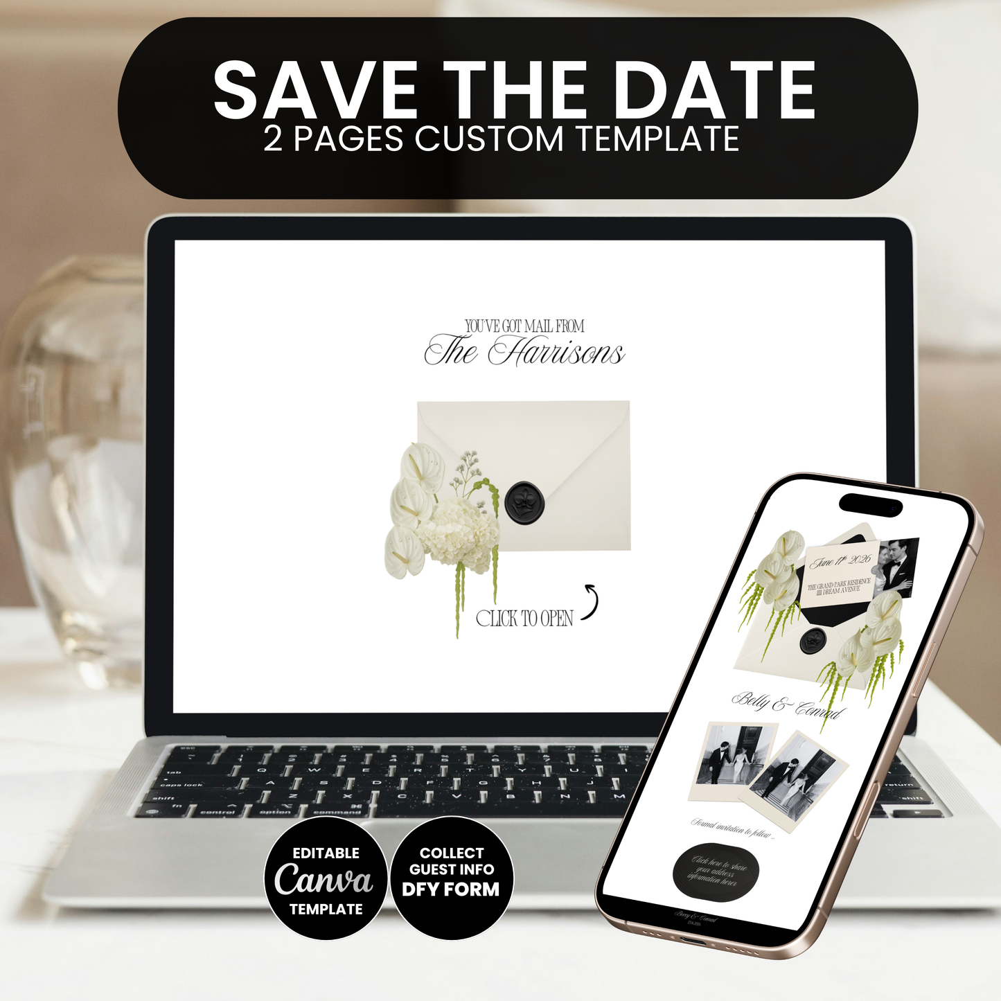 Save the date 2-page custom Canva template displayed on laptop and smartphone.