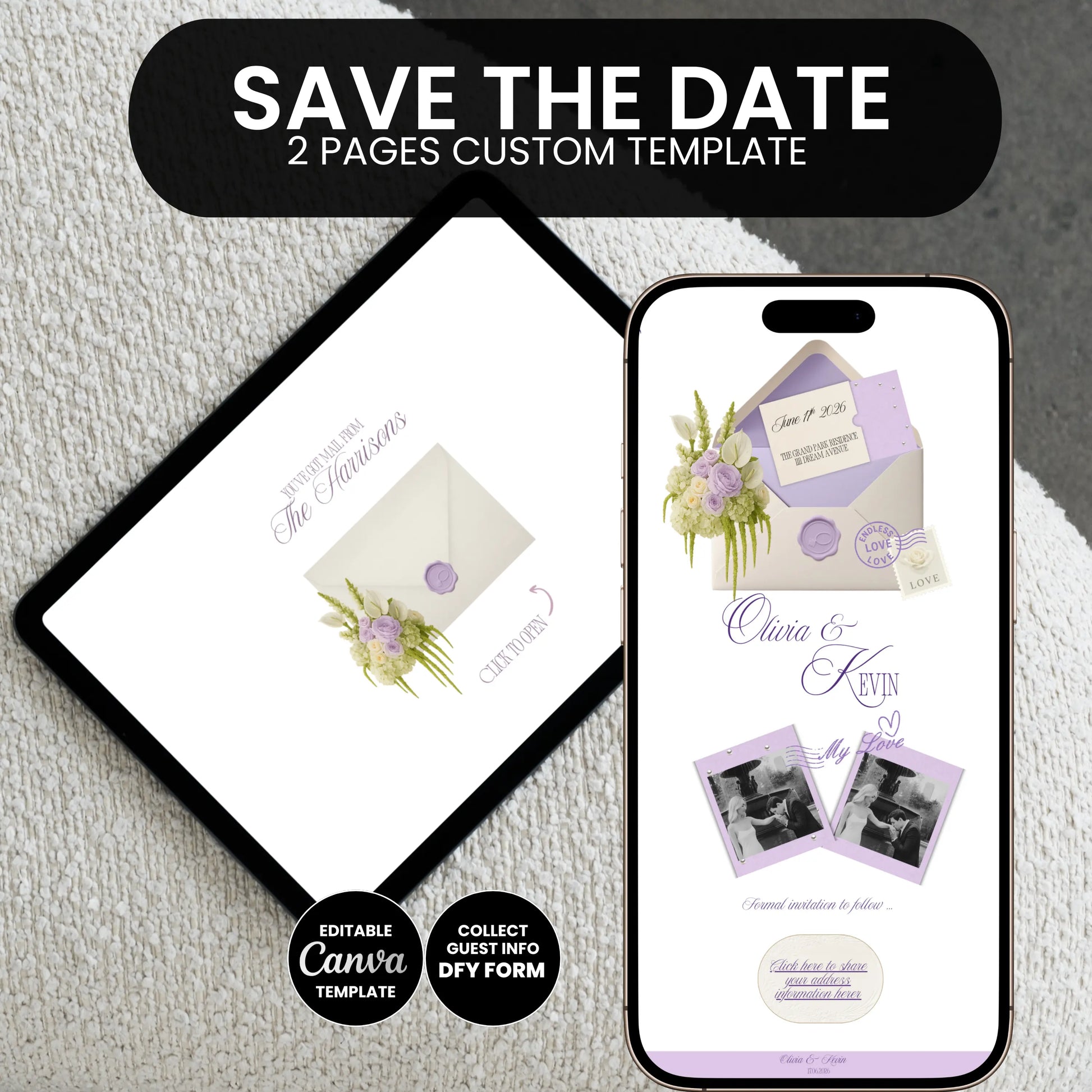 Save the date Canva wedding website template two page design