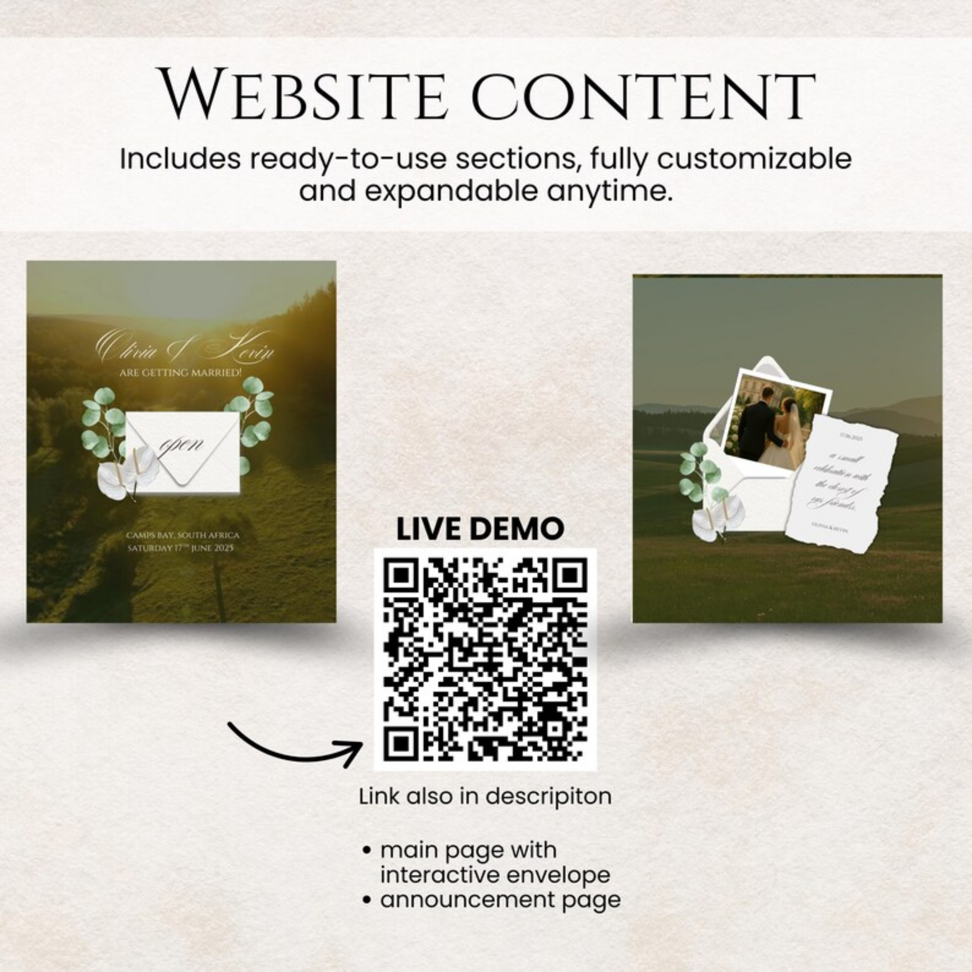 Website content preview with QR live demo for Save the Date site, including interactive envelope and announcement page in greenery style.
