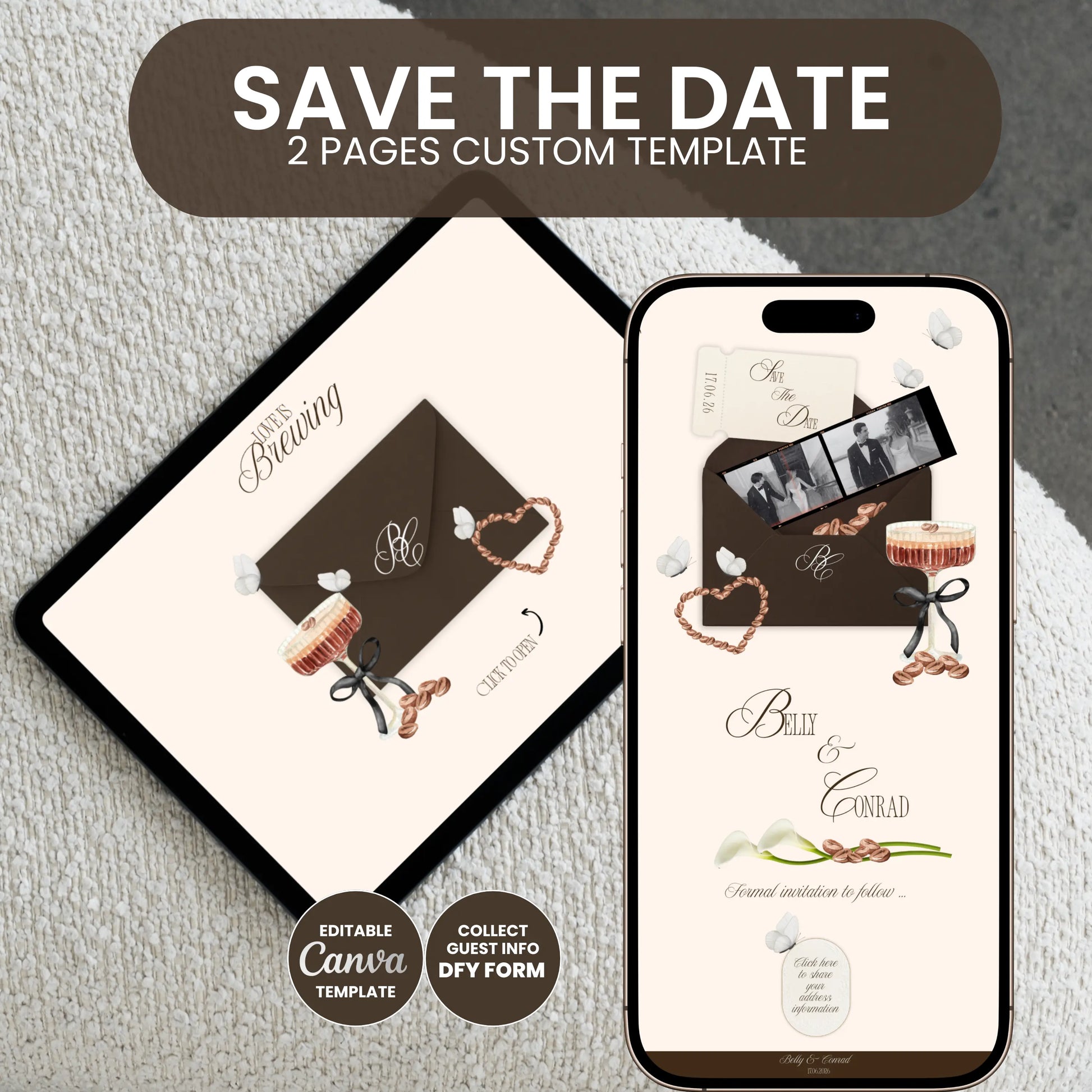 Two page save the date wedding website Canva template