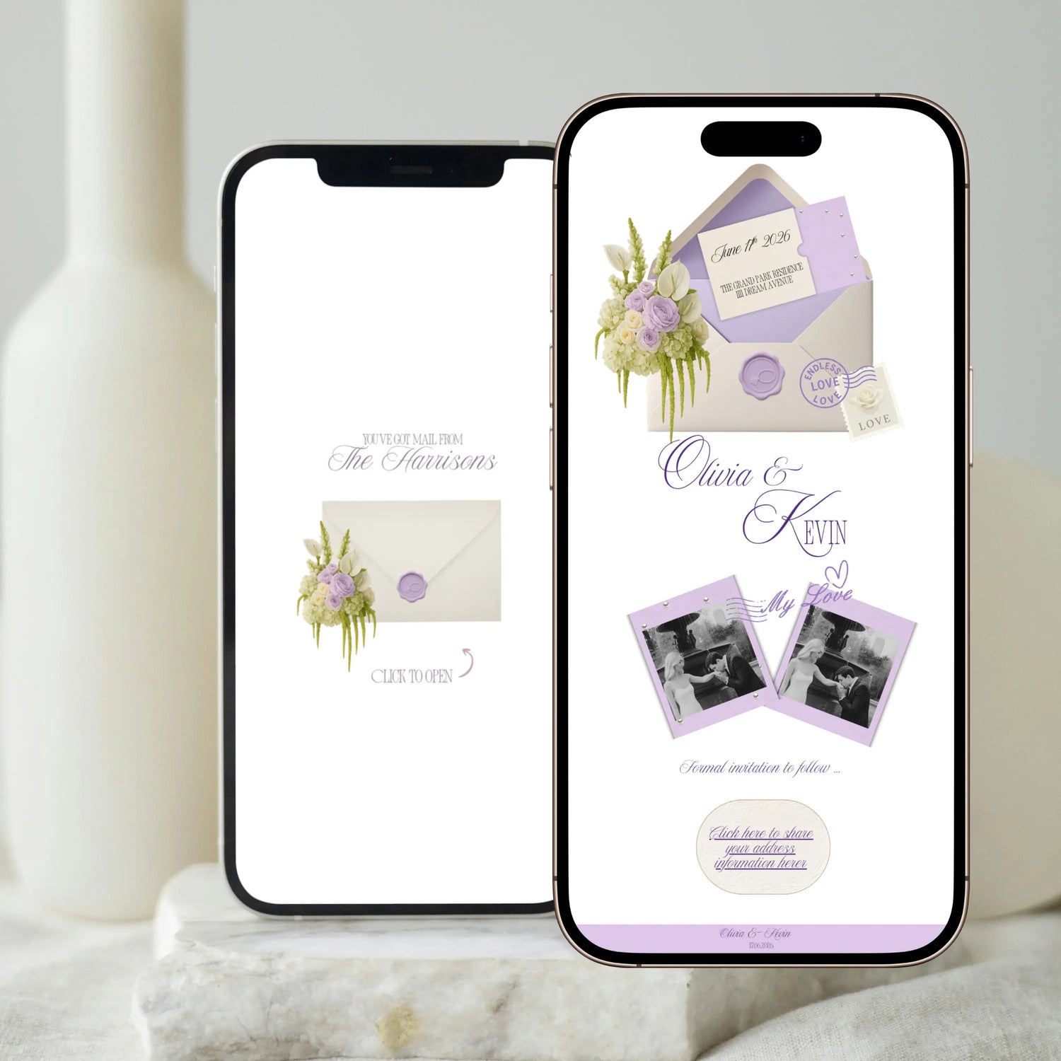 Save the date wedding website with animated envelope mobile preview