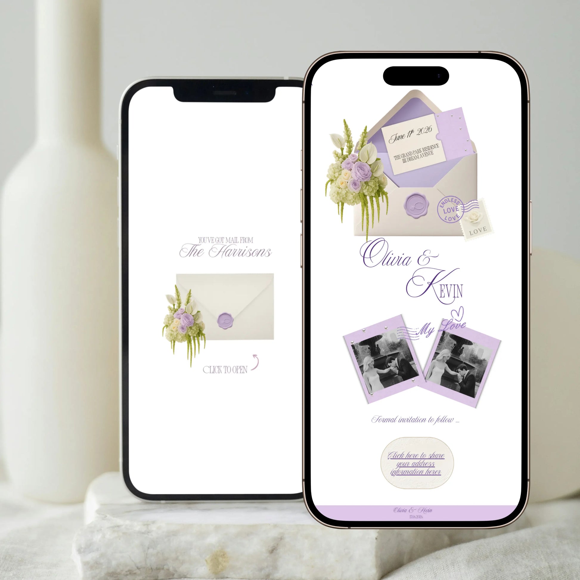 Save the date wedding website with animated envelope mobile preview