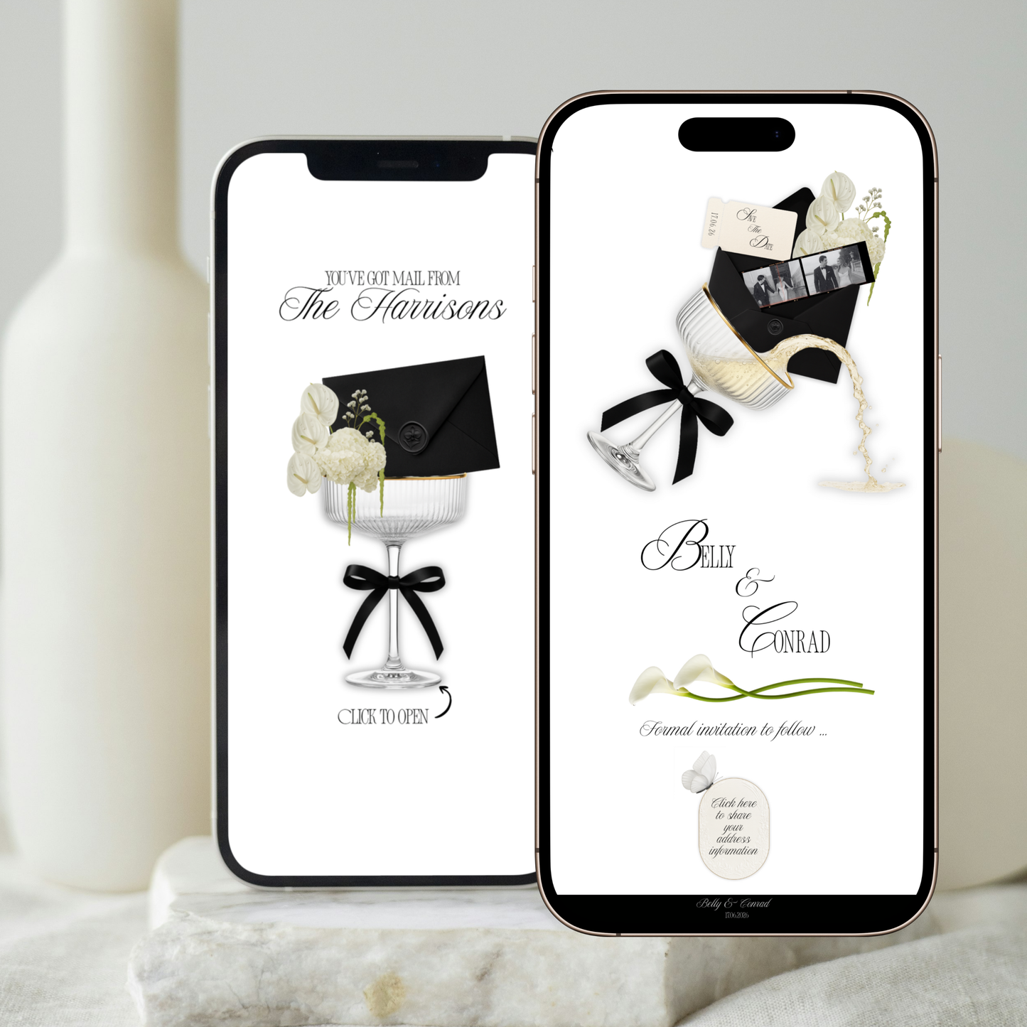 Save the date wedding website template with animated envelope on mobile