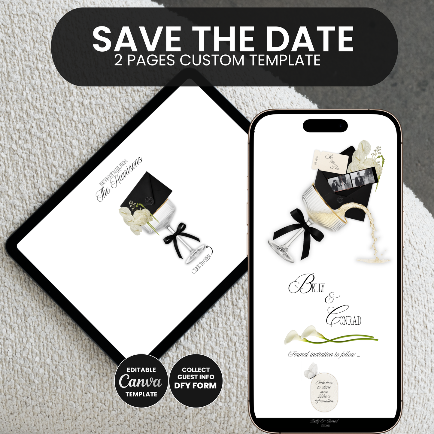 Save the date wedding website template with animated envelope on mobile
