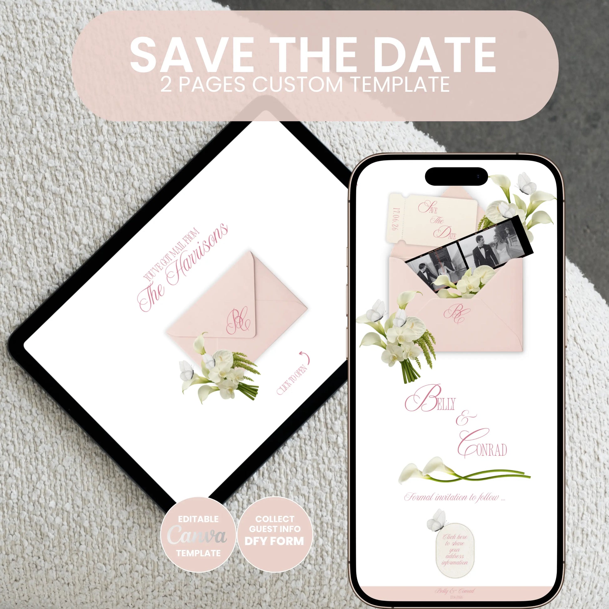 Save the date wedding website Canva template on iPhone