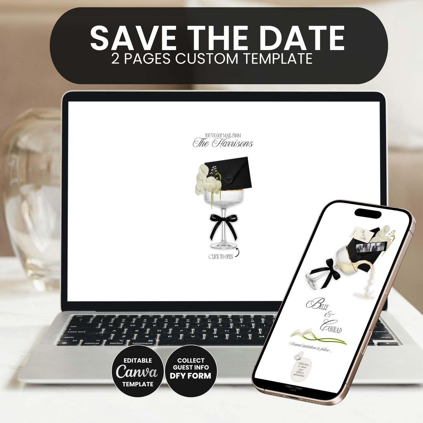 Save the date wedding website shown on laptop and smartphone