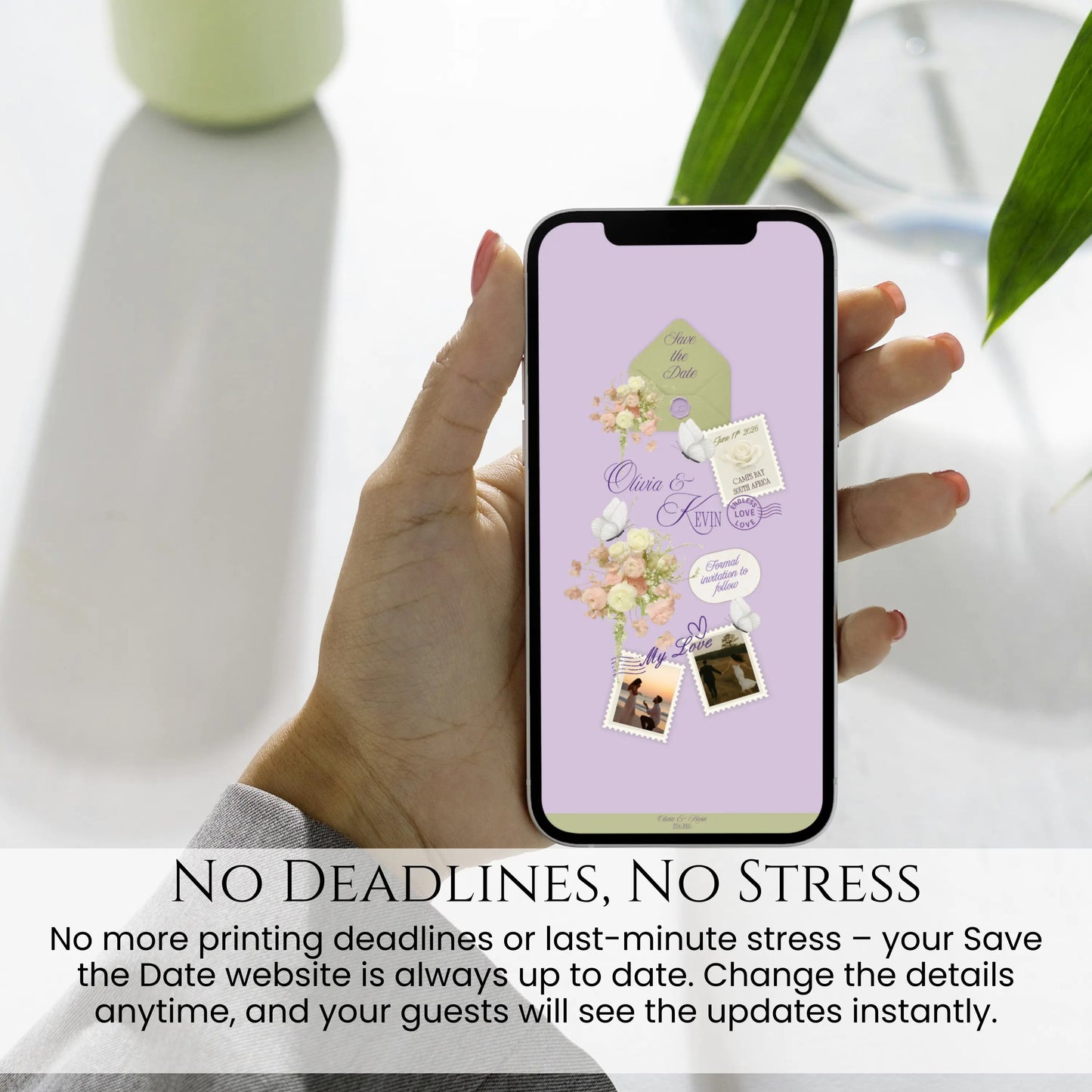 Save the date wedding website shown on phone