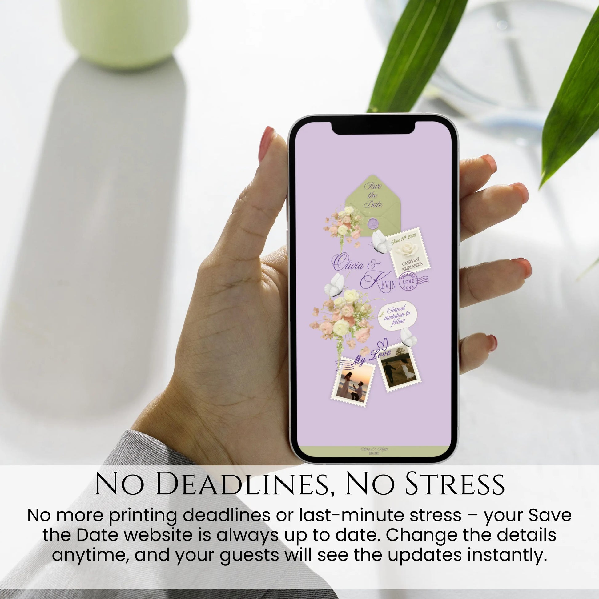 Save the date wedding website shown on phone