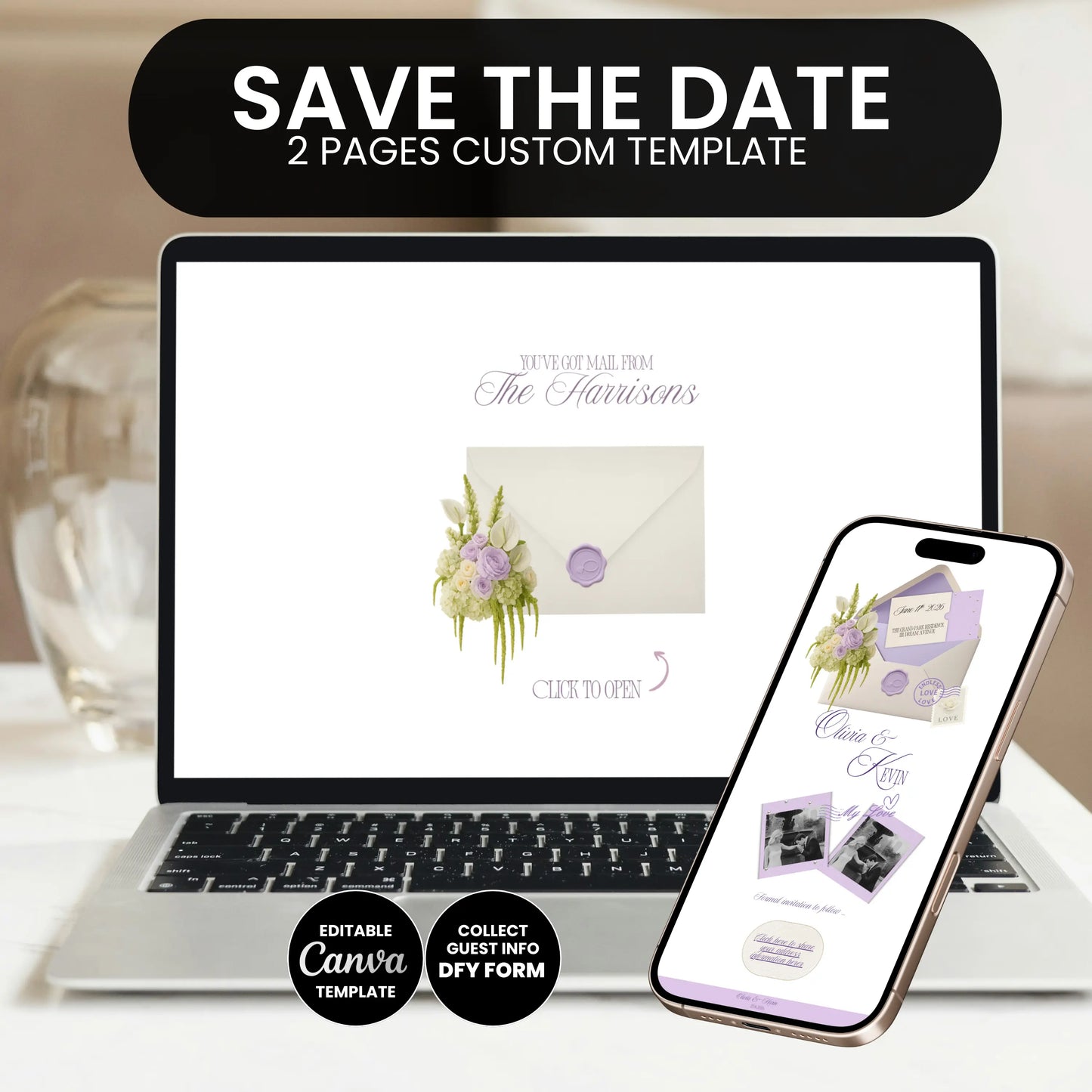 Save the date Canva wedding website template two page design