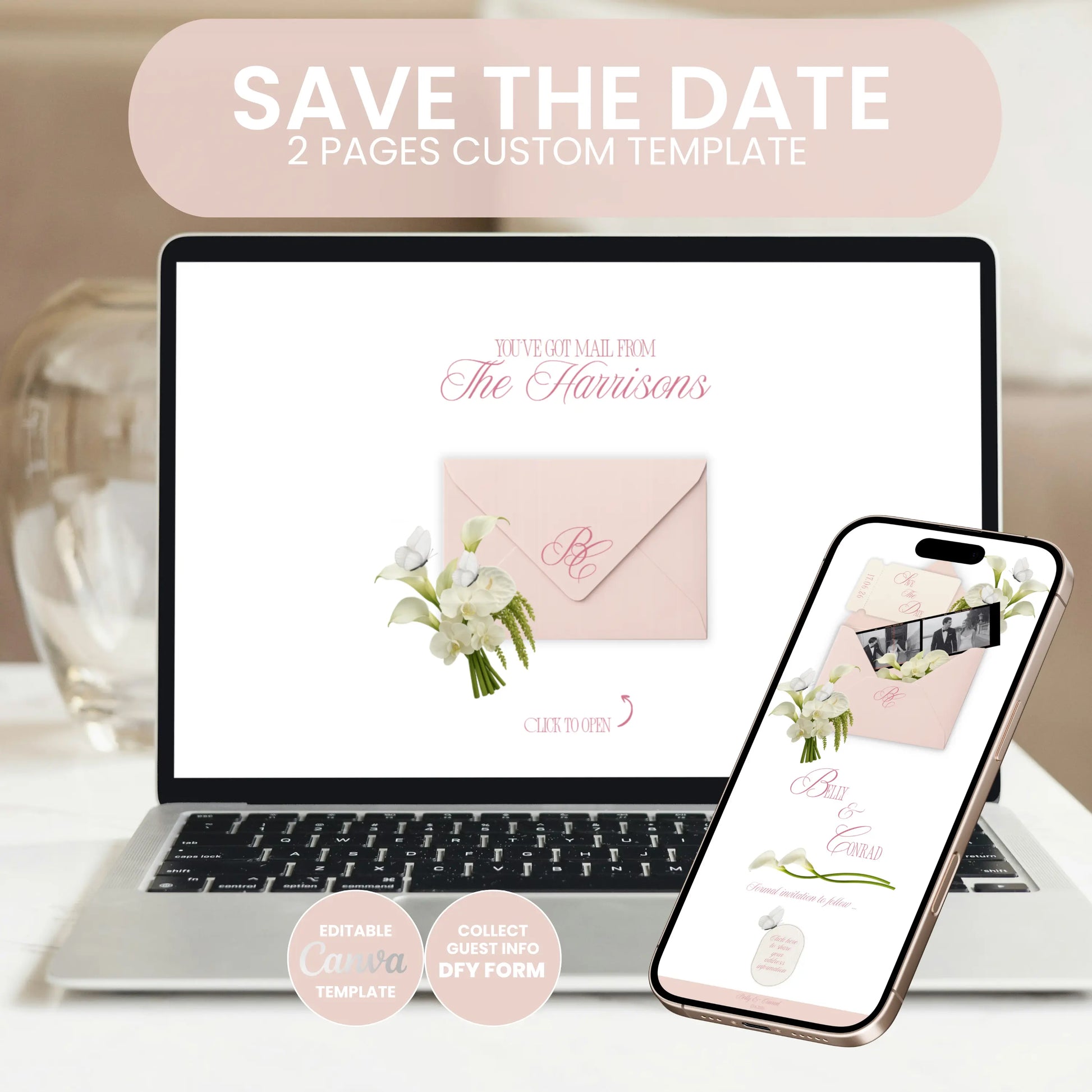 Save the date wedding website displayed on laptop and phone