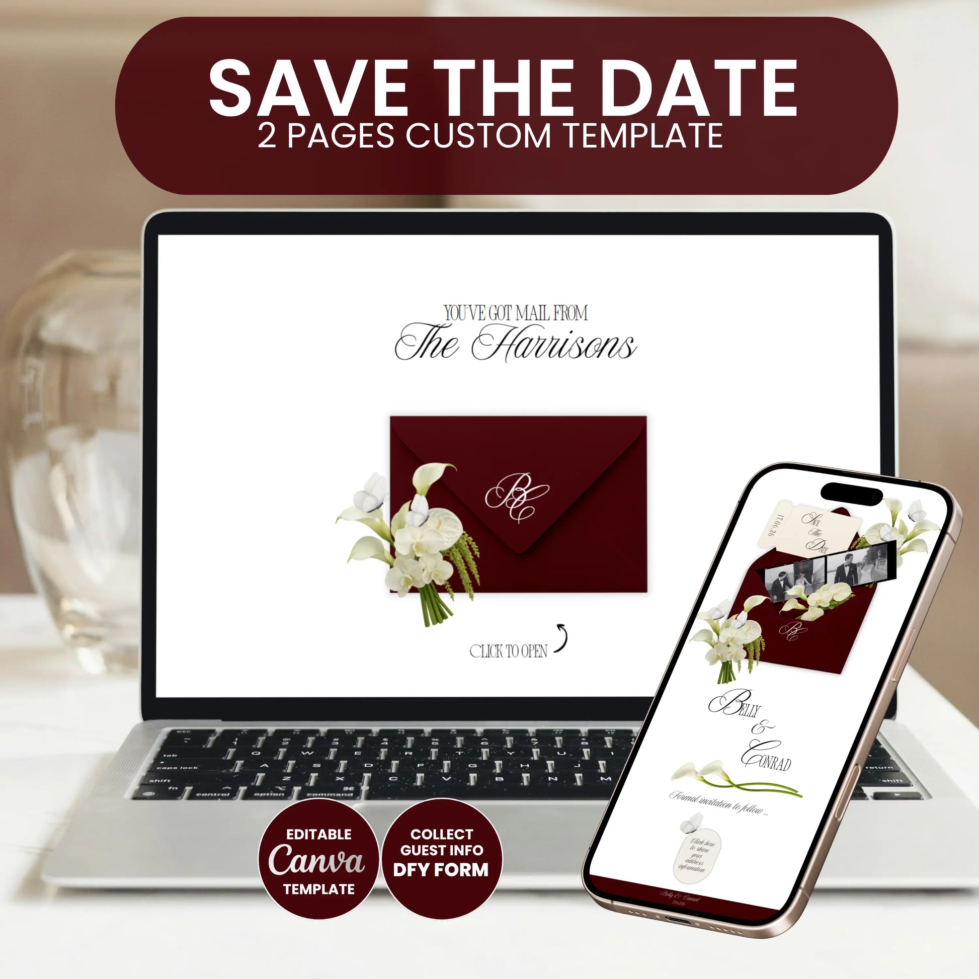Wedding website template preview on laptop and phone