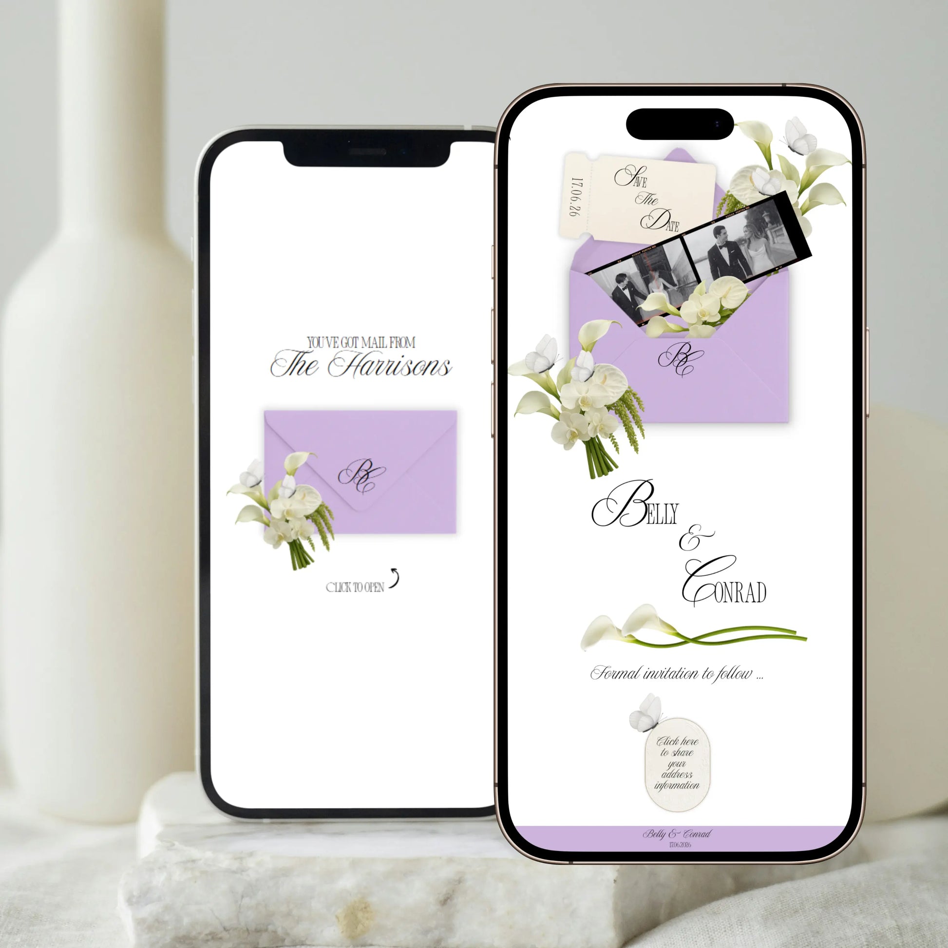 Save the Date wedding website shown on mobile phones with lavender envelope design