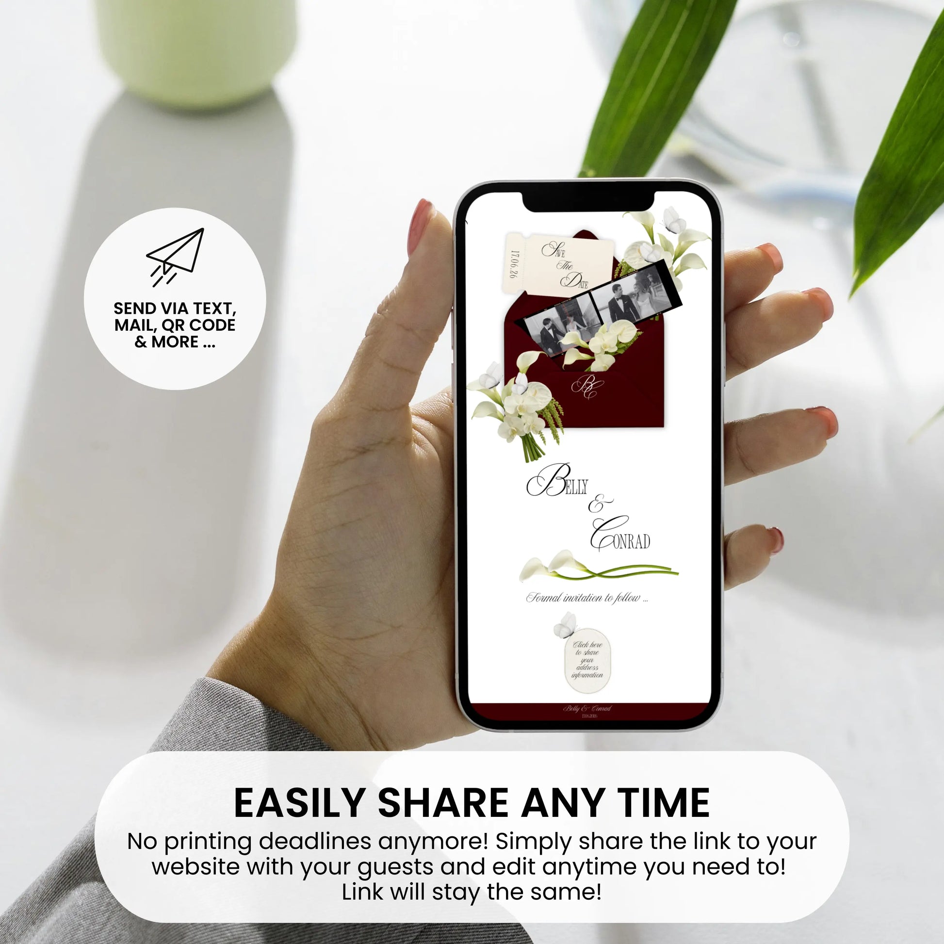 Shareable save the date wedding website on mobile