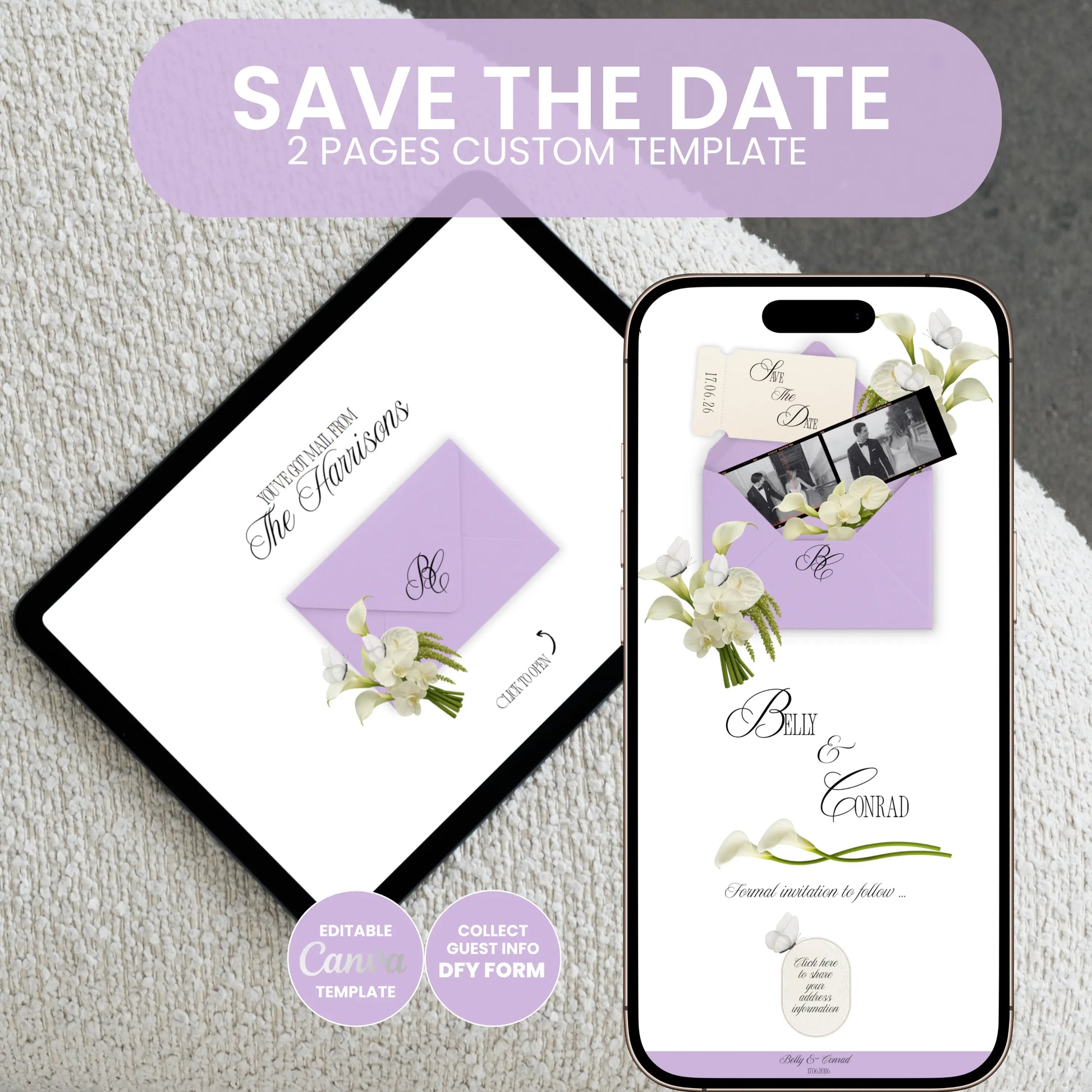 Save the Date wedding website shown on mobile phones with lavender envelope design