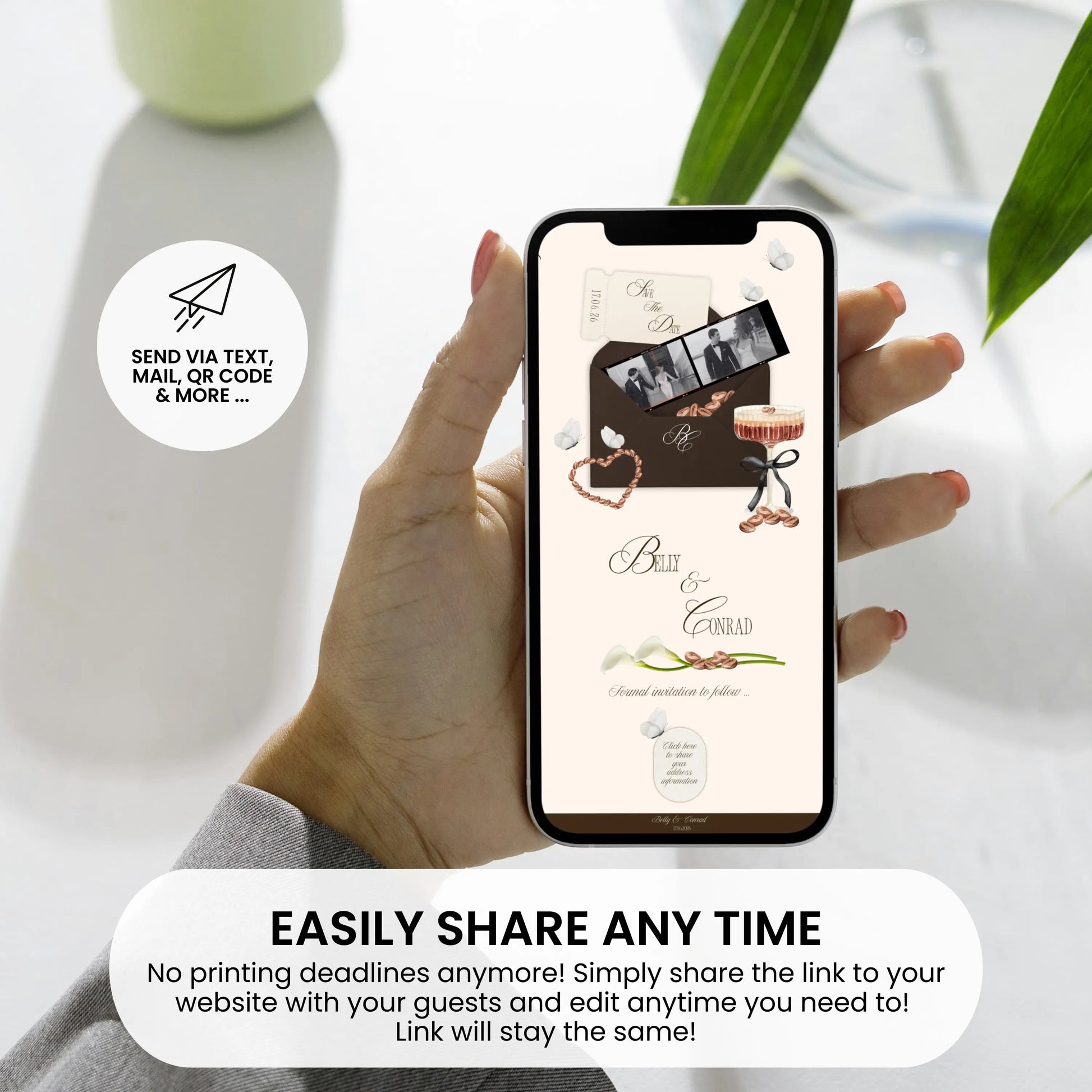 Shareable save the date wedding website on mobile phone