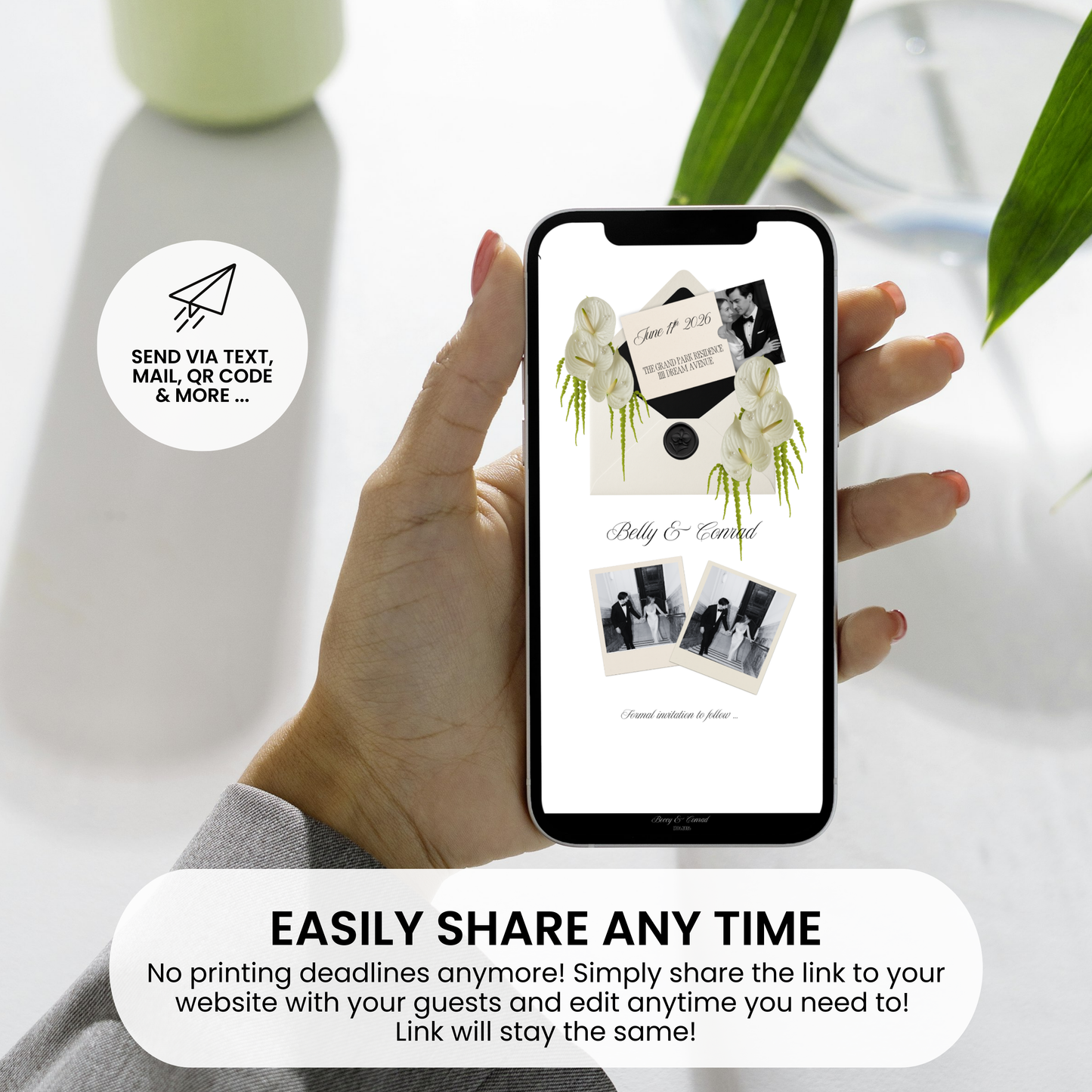 Hand holding a smartphone displaying a shareable digital wedding invitation link.