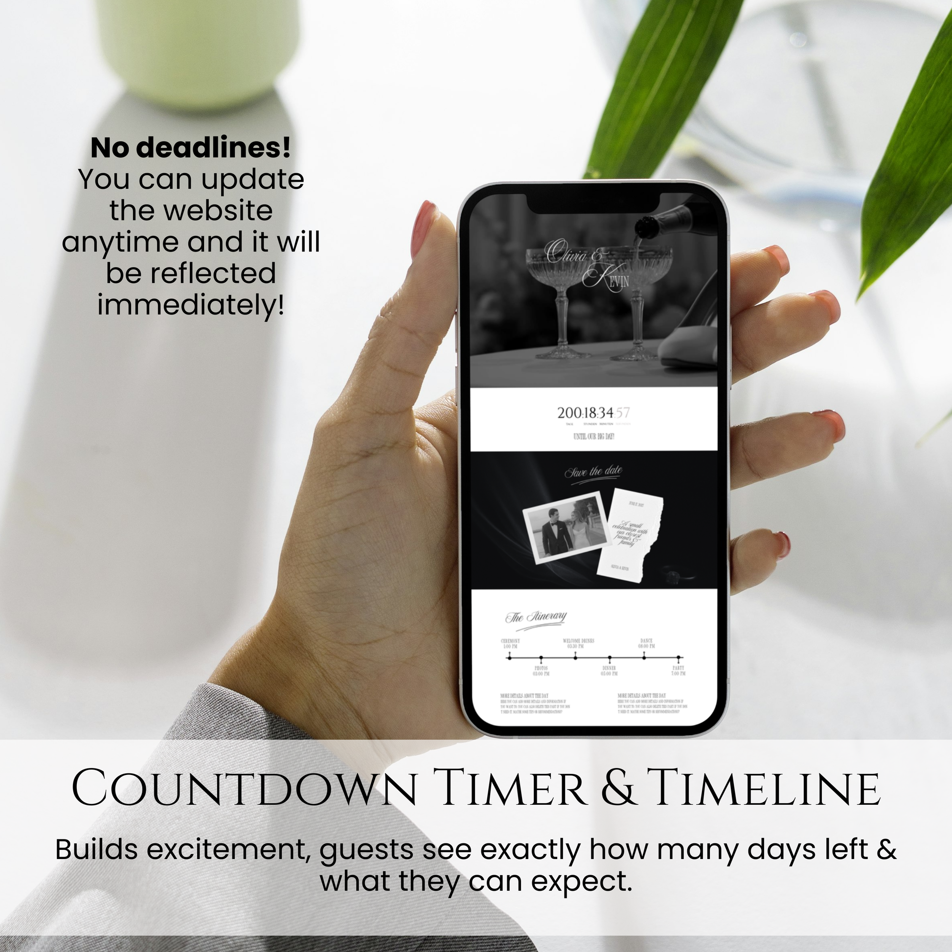 Smartphone view of a wedding website with a live countdown timer and event timeline.