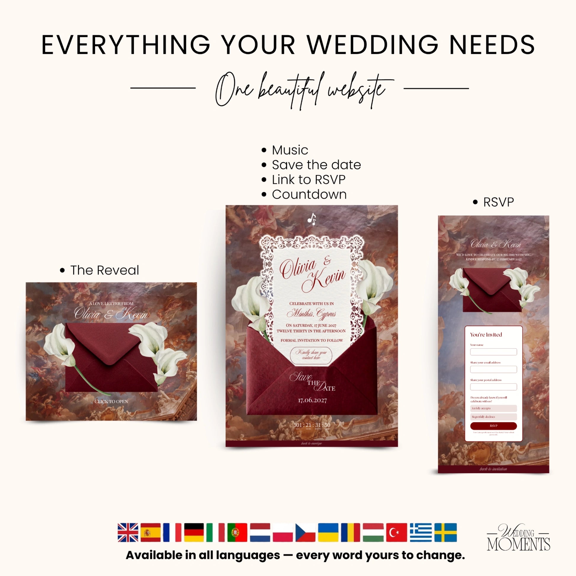 Save the Date Website Template | Burgundy italian Envelope Old Money A003
