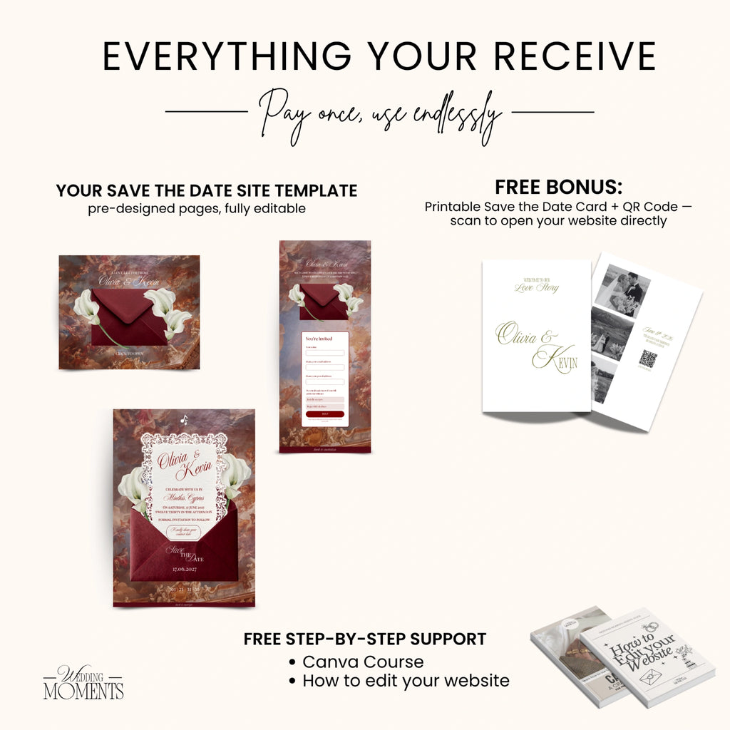 Save the Date Website Template | Burgundy italian Envelope Old Money A003