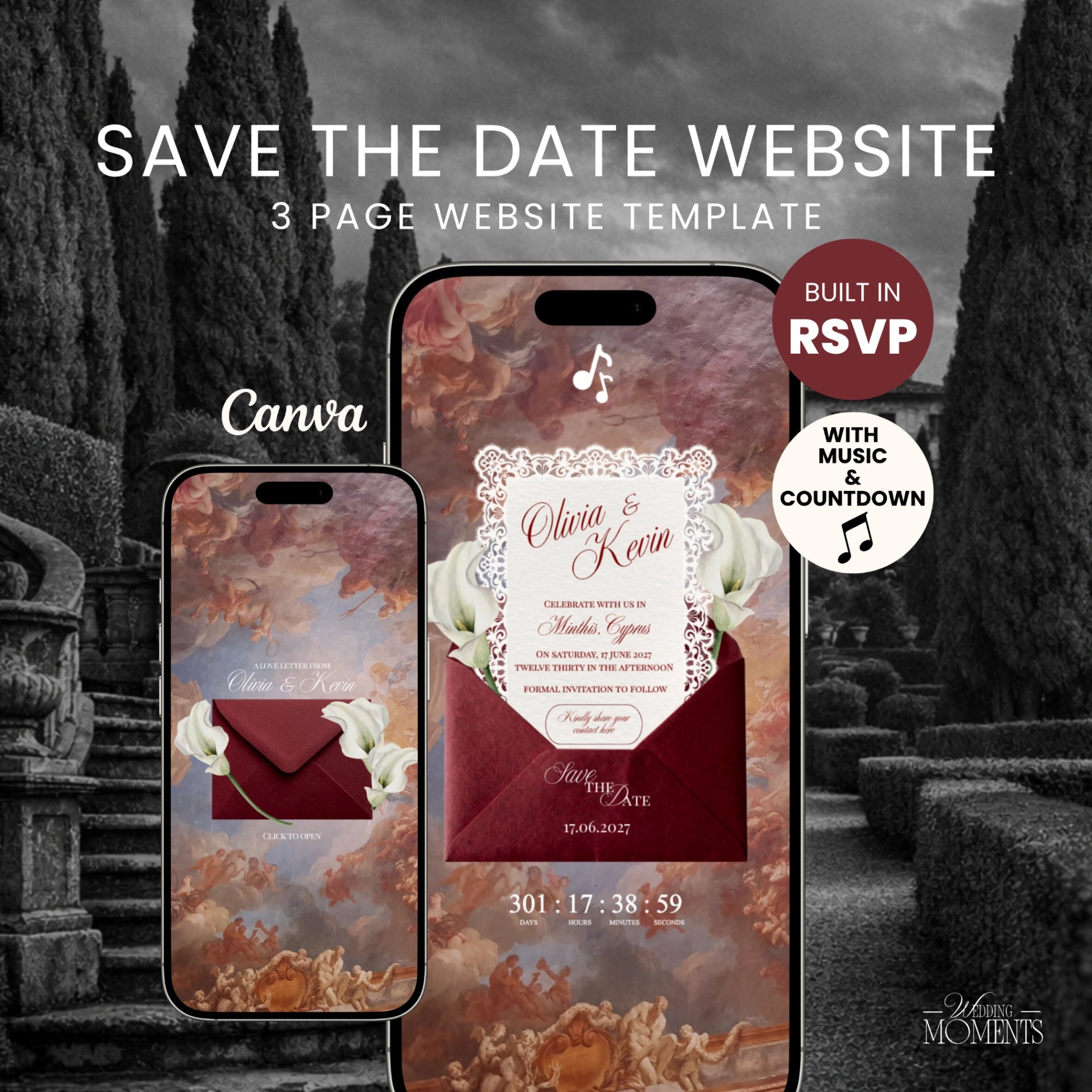 Save the Date Website Template | Burgundy italian Envelope Old Money A003