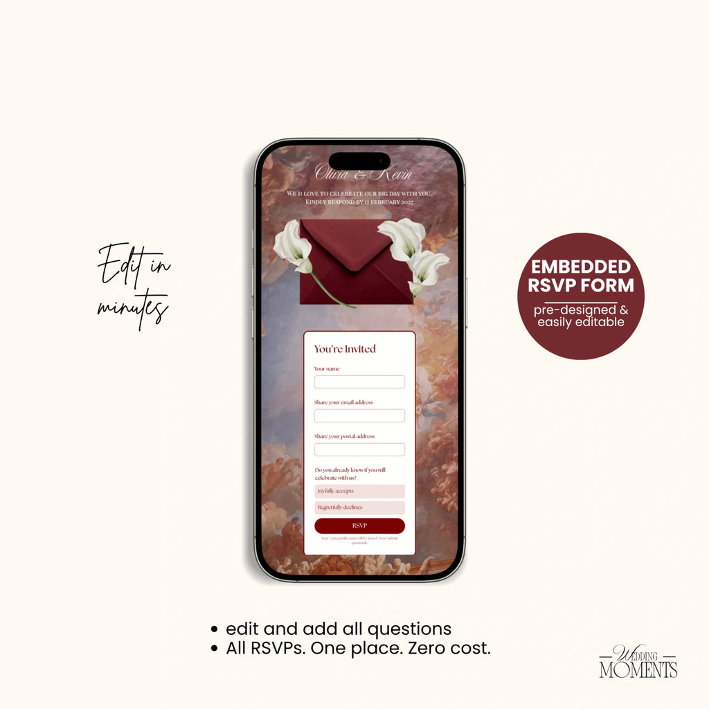 Save the Date Website Template | Burgundy italian Envelope Old Money A003