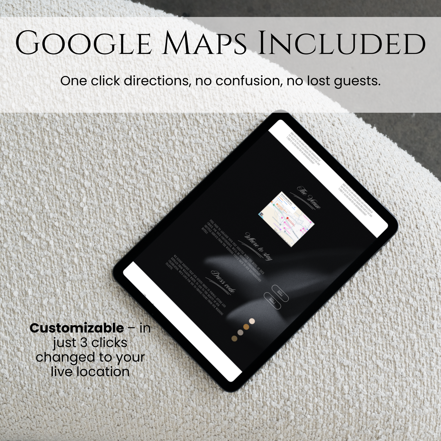 integrationTablet displaying integrated Google Maps for wedding venue directions and location.