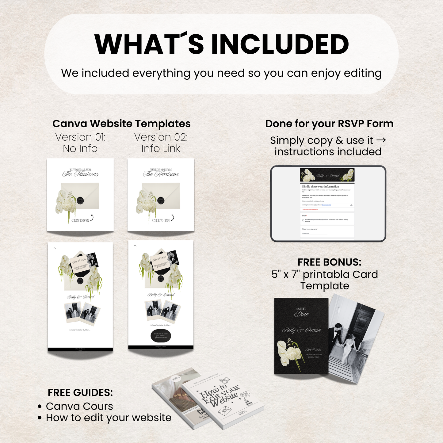 Canva wedding website bundle including RSVP form and printable card template.
