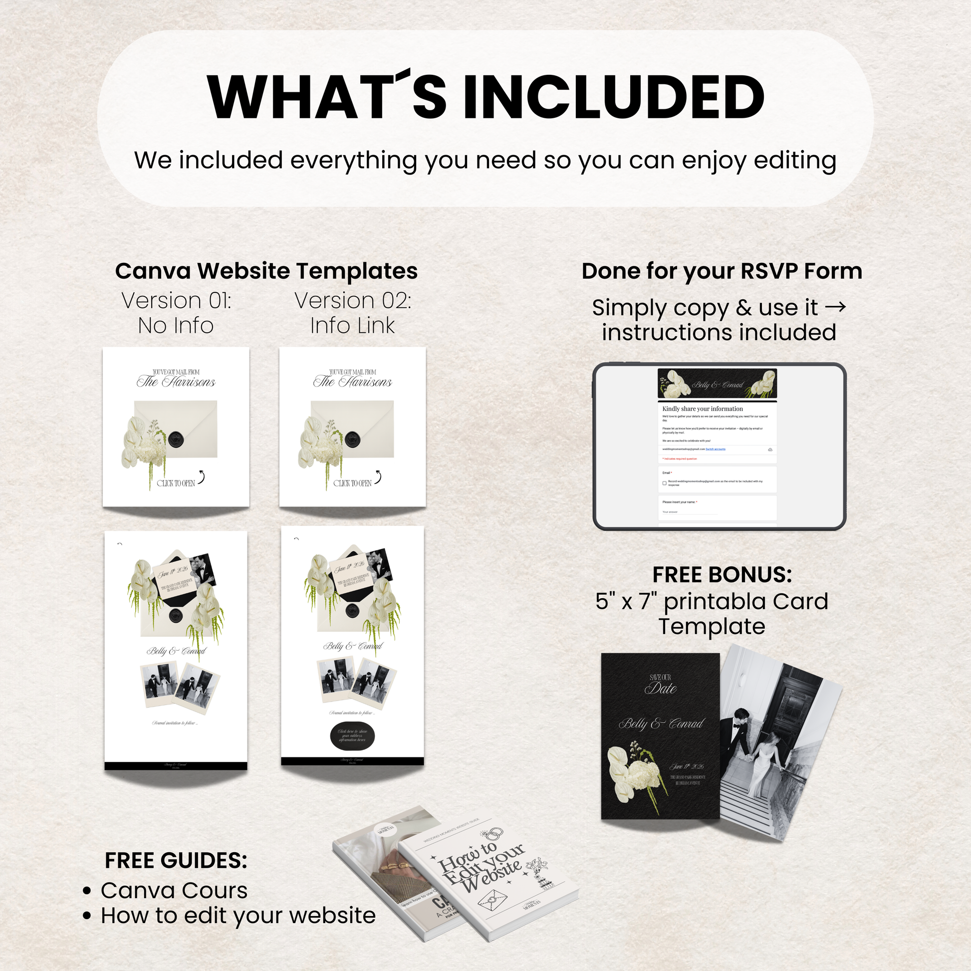 Canva wedding website bundle including RSVP form and printable card template.
