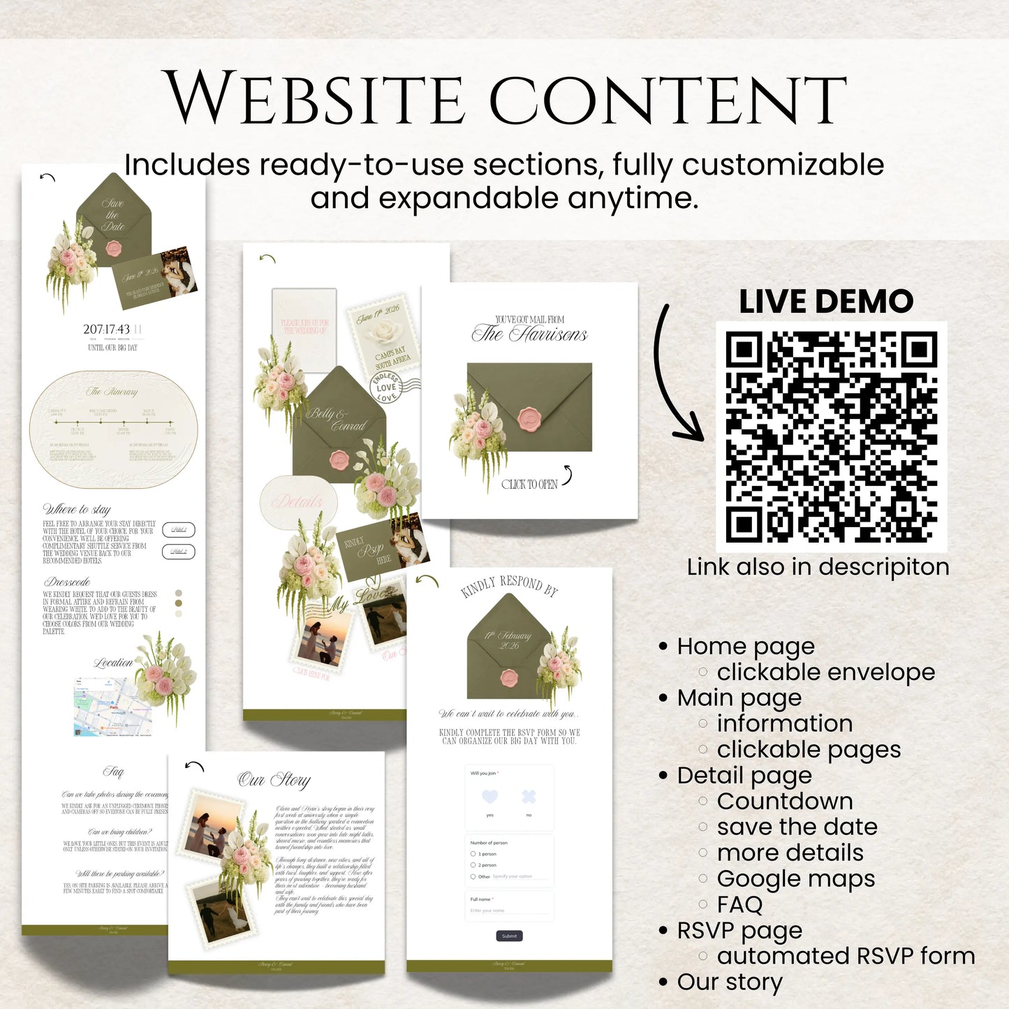 Editing an olive green wedding website template in Canva with step by step PDF guide