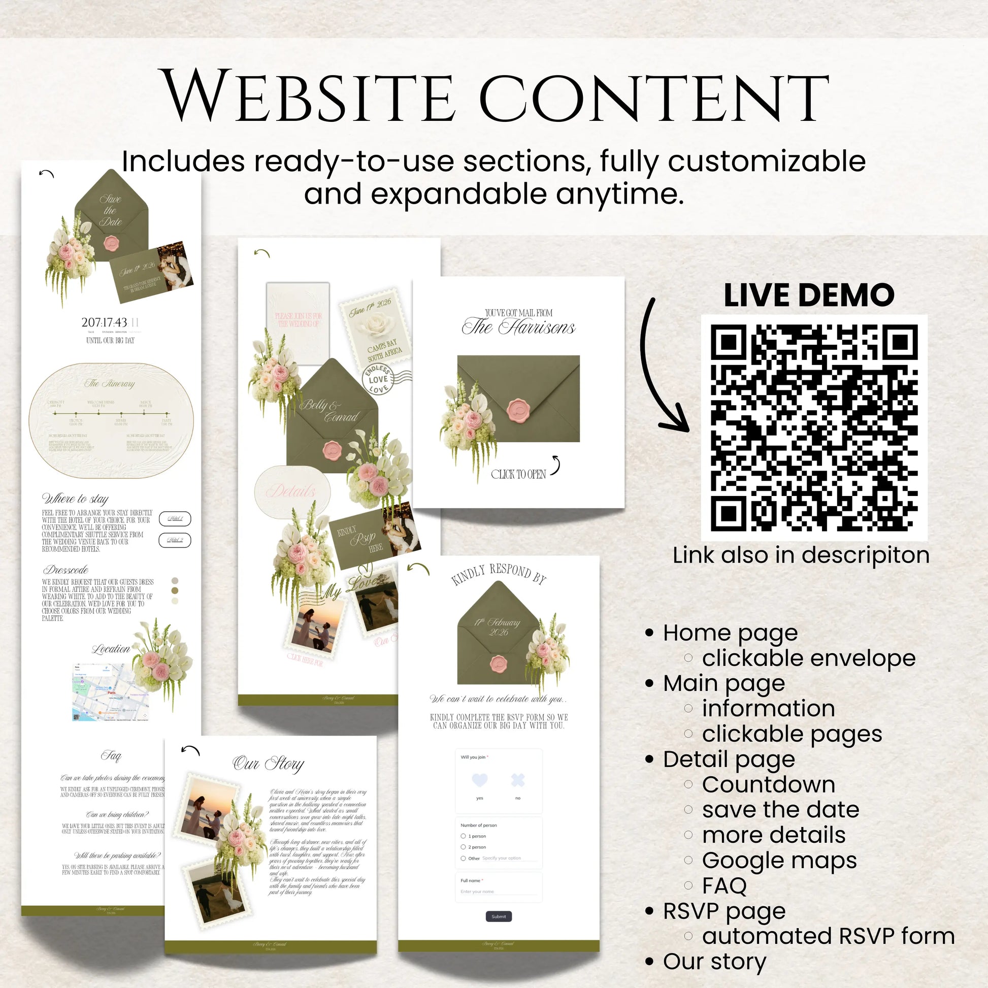 Editing an olive green wedding website template in Canva with step by step PDF guide