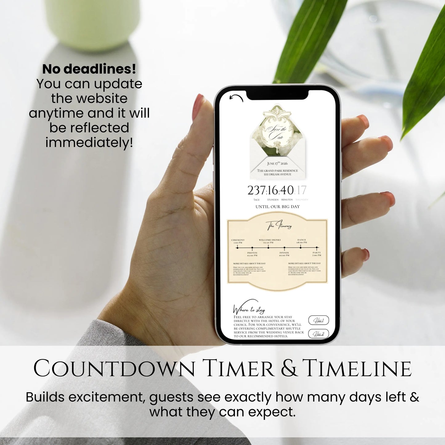 Wedding website countdown timer and timeline on mobile phone