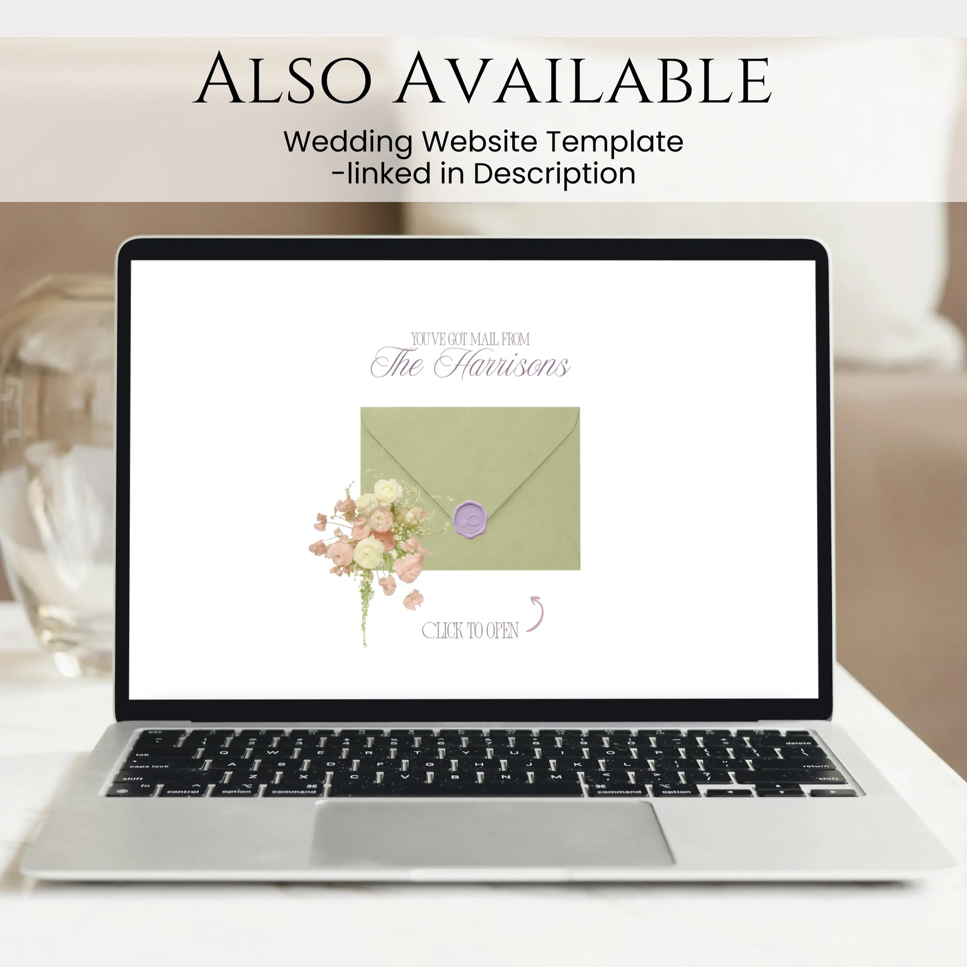 Wedding website template preview displayed on laptop with save the date envelope design