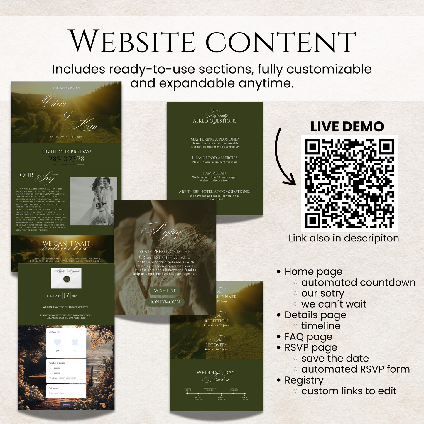 Complete Canva wedding website template content with demo link, FAQ, registry, RSVP, and details sections.
