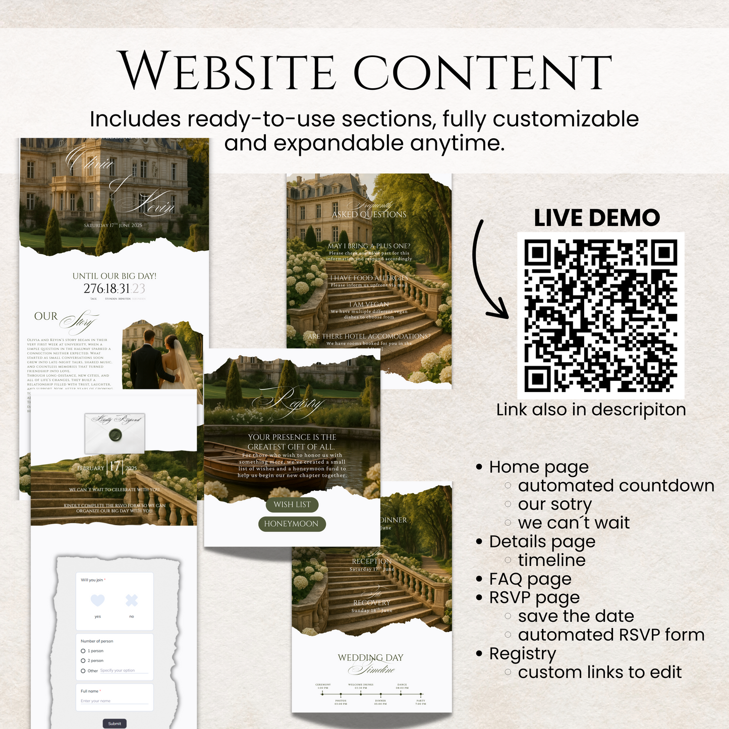 Wedding website template content preview with live demo, RSVP form, registry and FAQ page