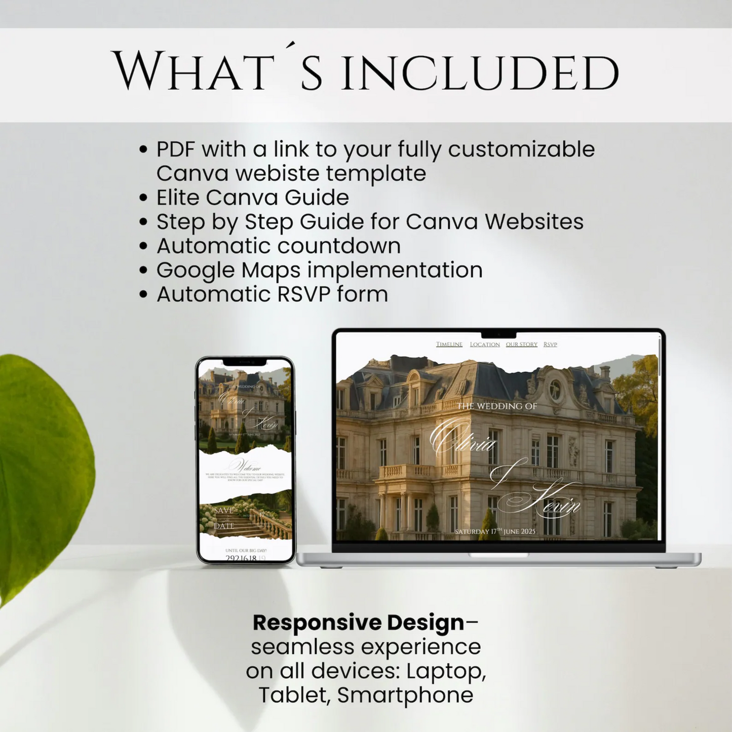 Wedding website template with ready-to-use content sections. Includes welcome page, RSVP, countdown, registry, Google Maps & more.