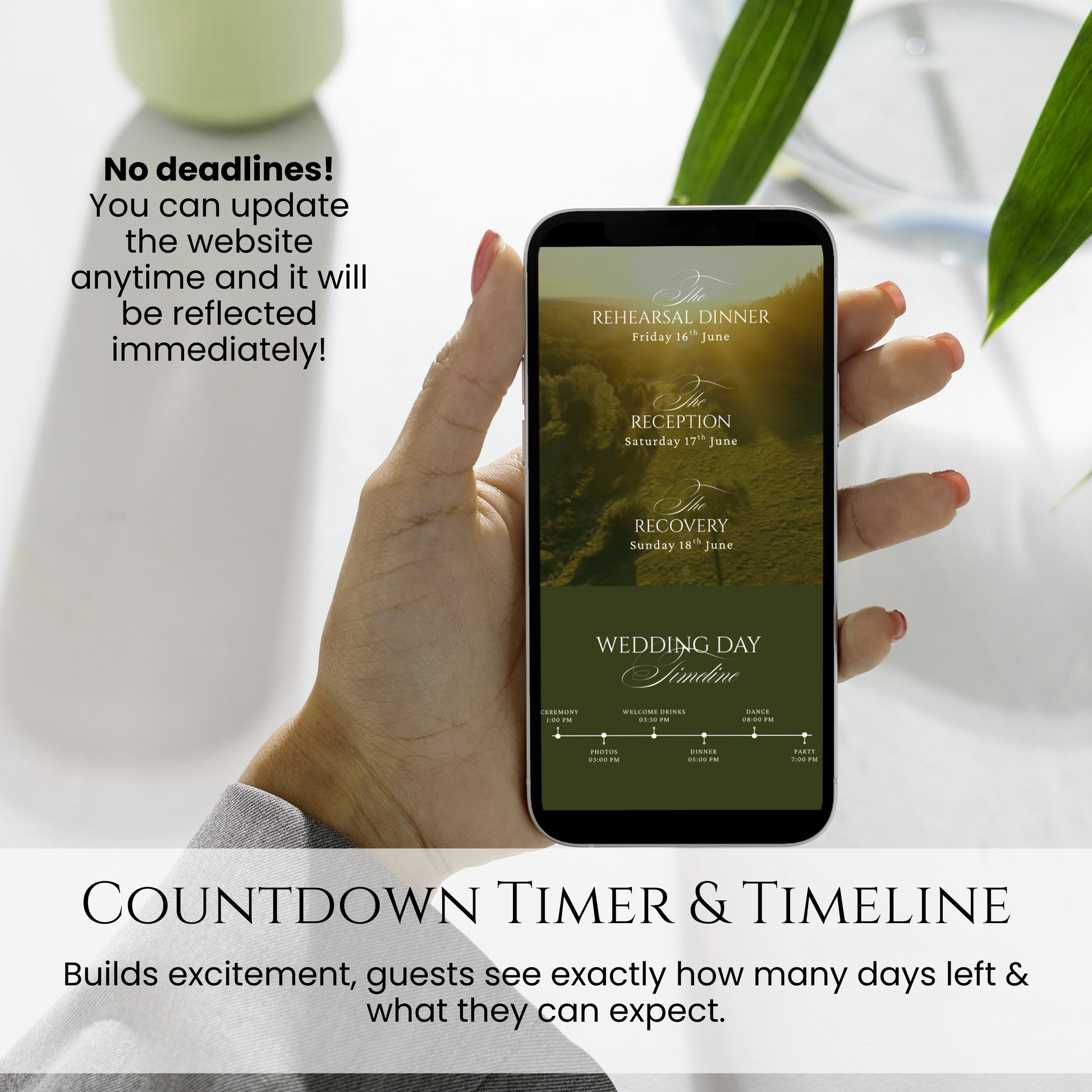 Wedding website template mobile preview with countdown timer and wedding day timeline sections