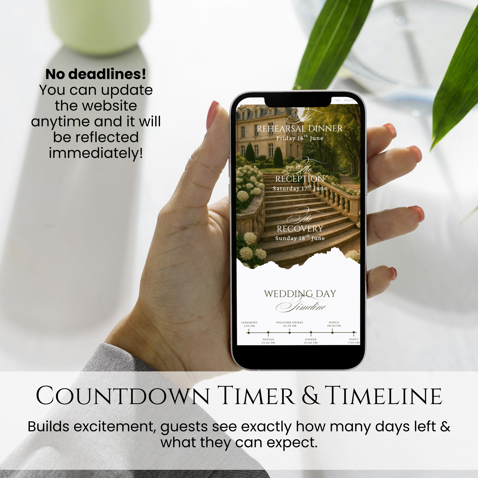 Wedding website template mobile preview with countdown timer and wedding day timeline
