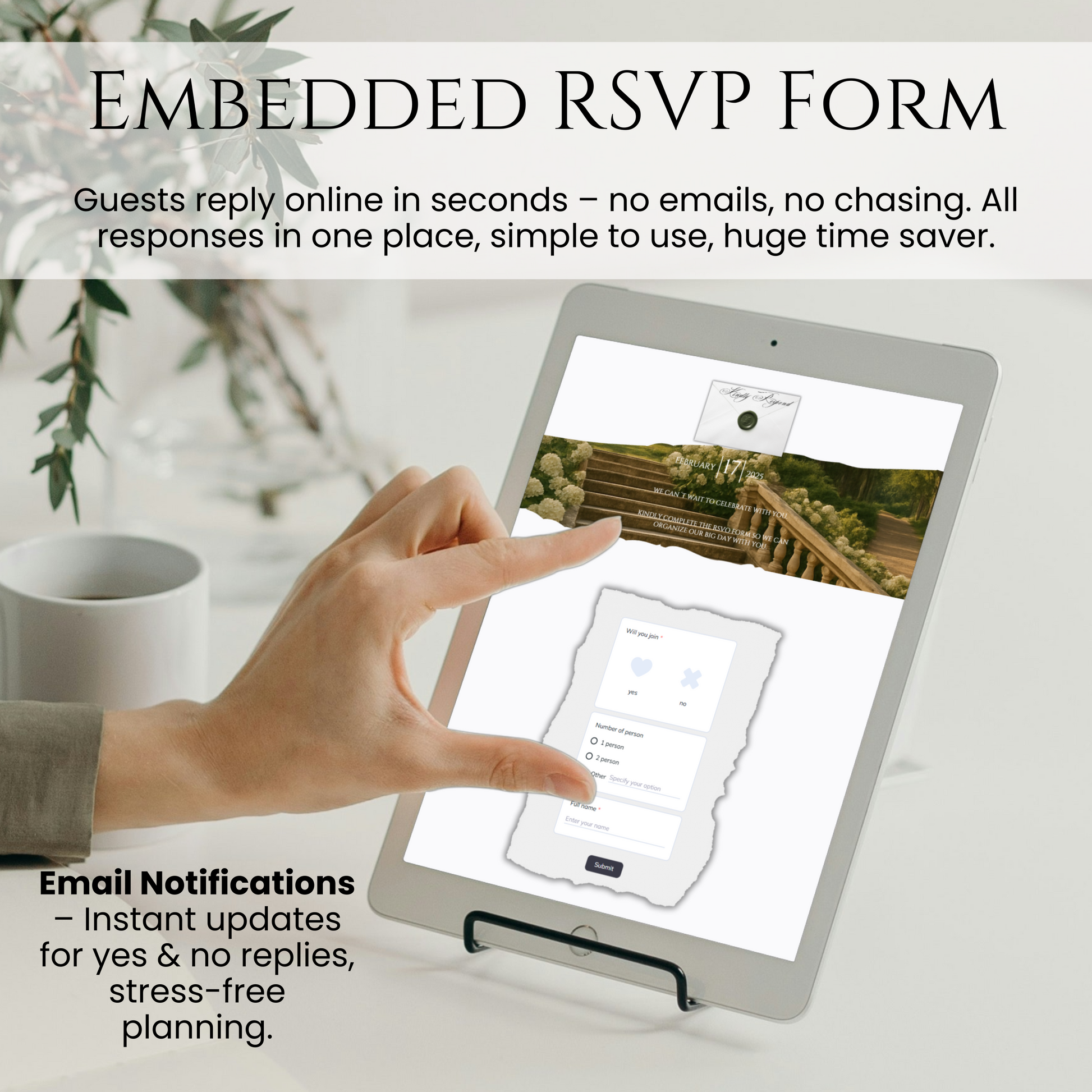 Wedding website template with embedded RSVP form and instant email notifications