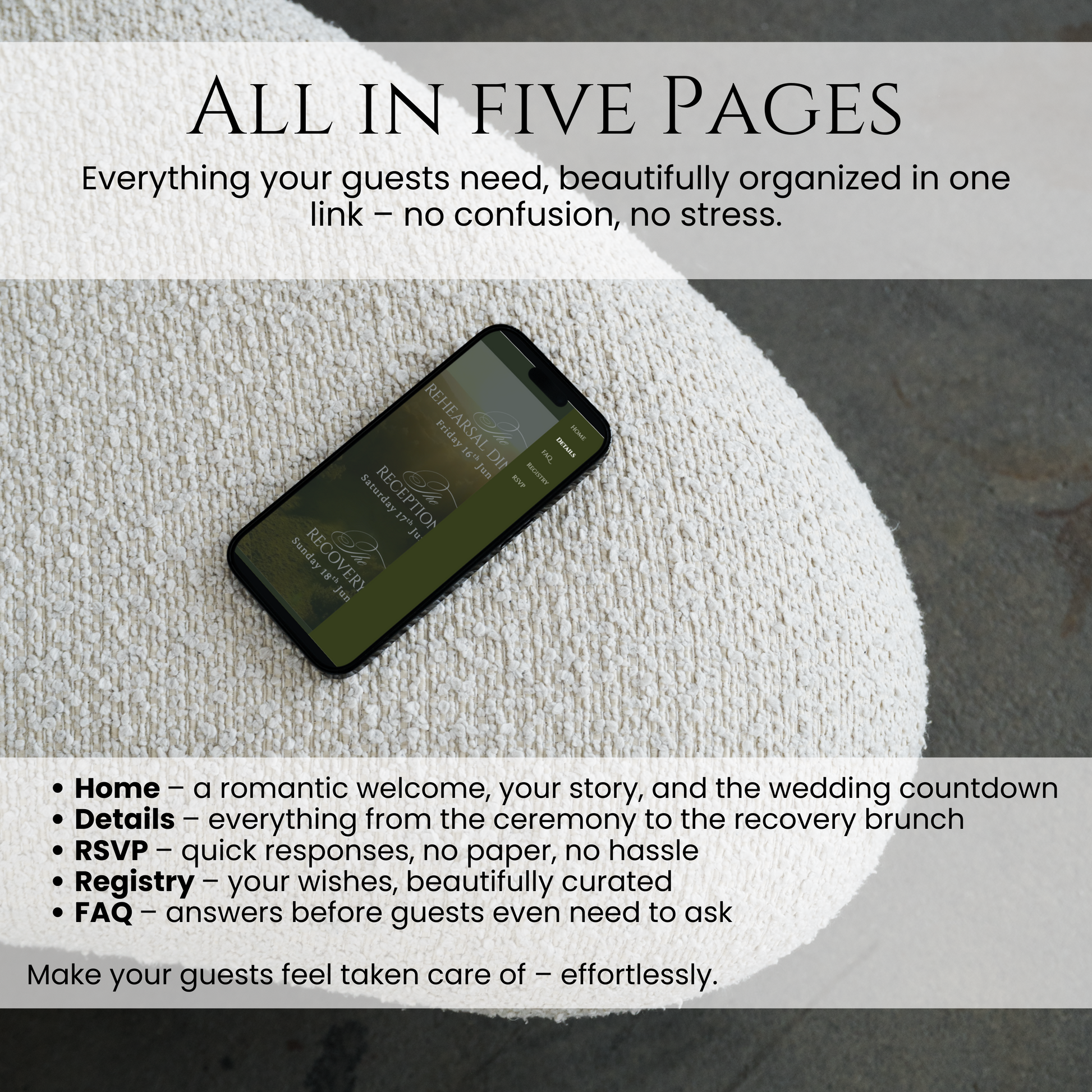 Five page wedding website template including home, details, RSVP, registry, and FAQ sections.