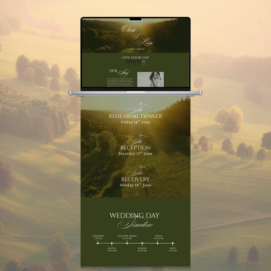 Wedding website template with countryside green aesthetic showing rehearsal dinner, reception, recovery events and full wedding day timeline.